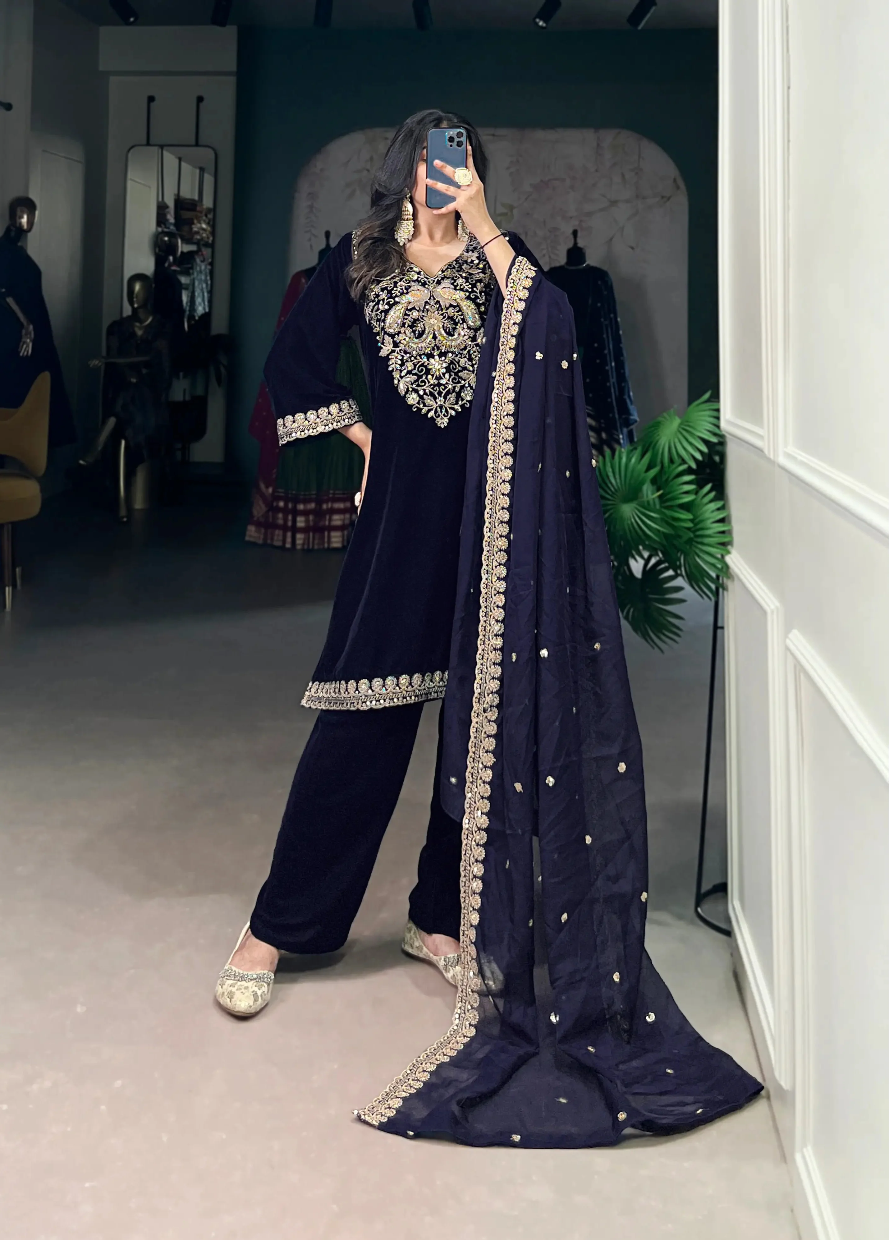 Navy Blue Velvet Sequins & Embroidery Work Salwar Suit - qivii