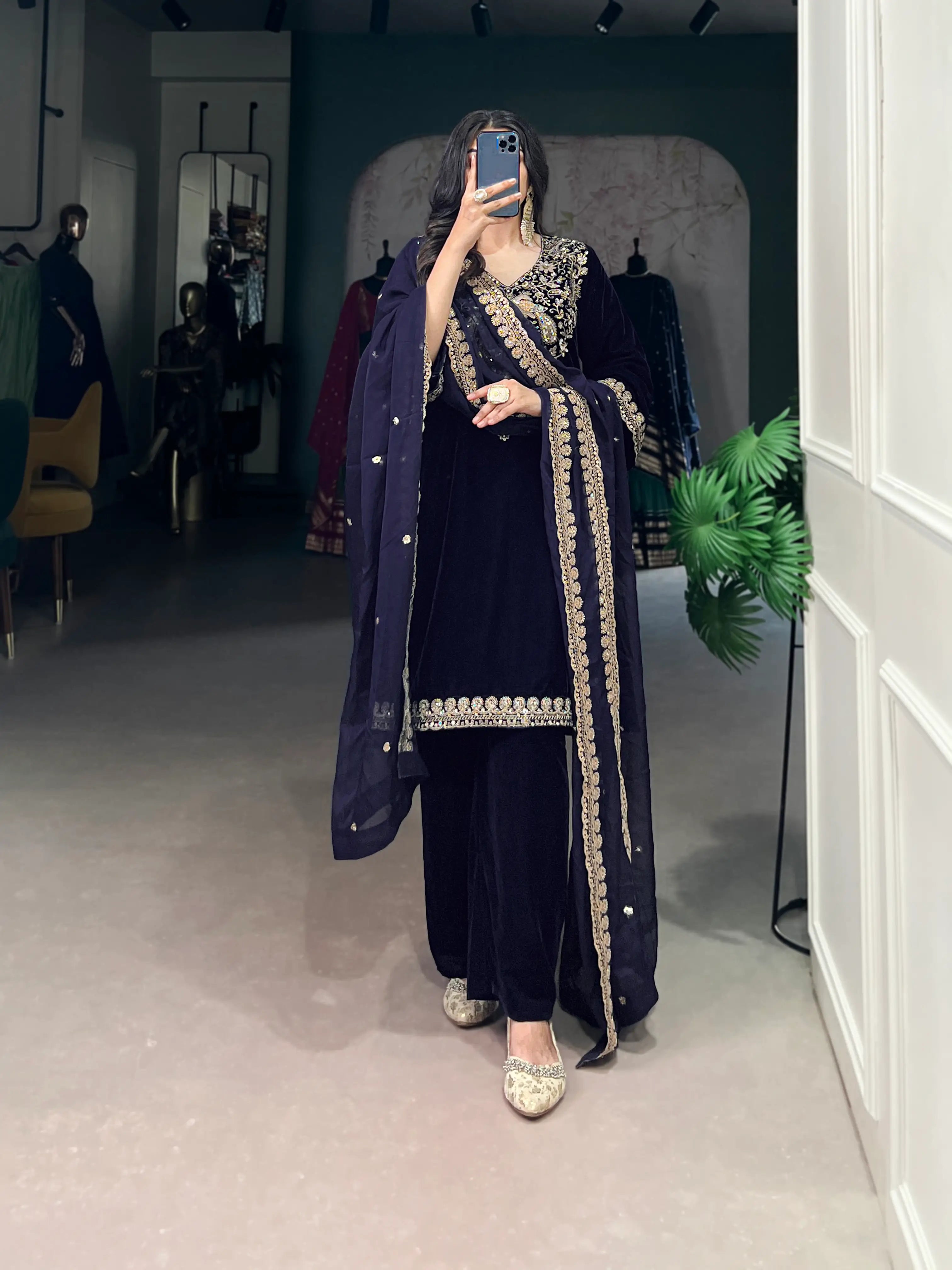Navy Blue Velvet Sequins & Embroidery Work Salwar Suit - qivii