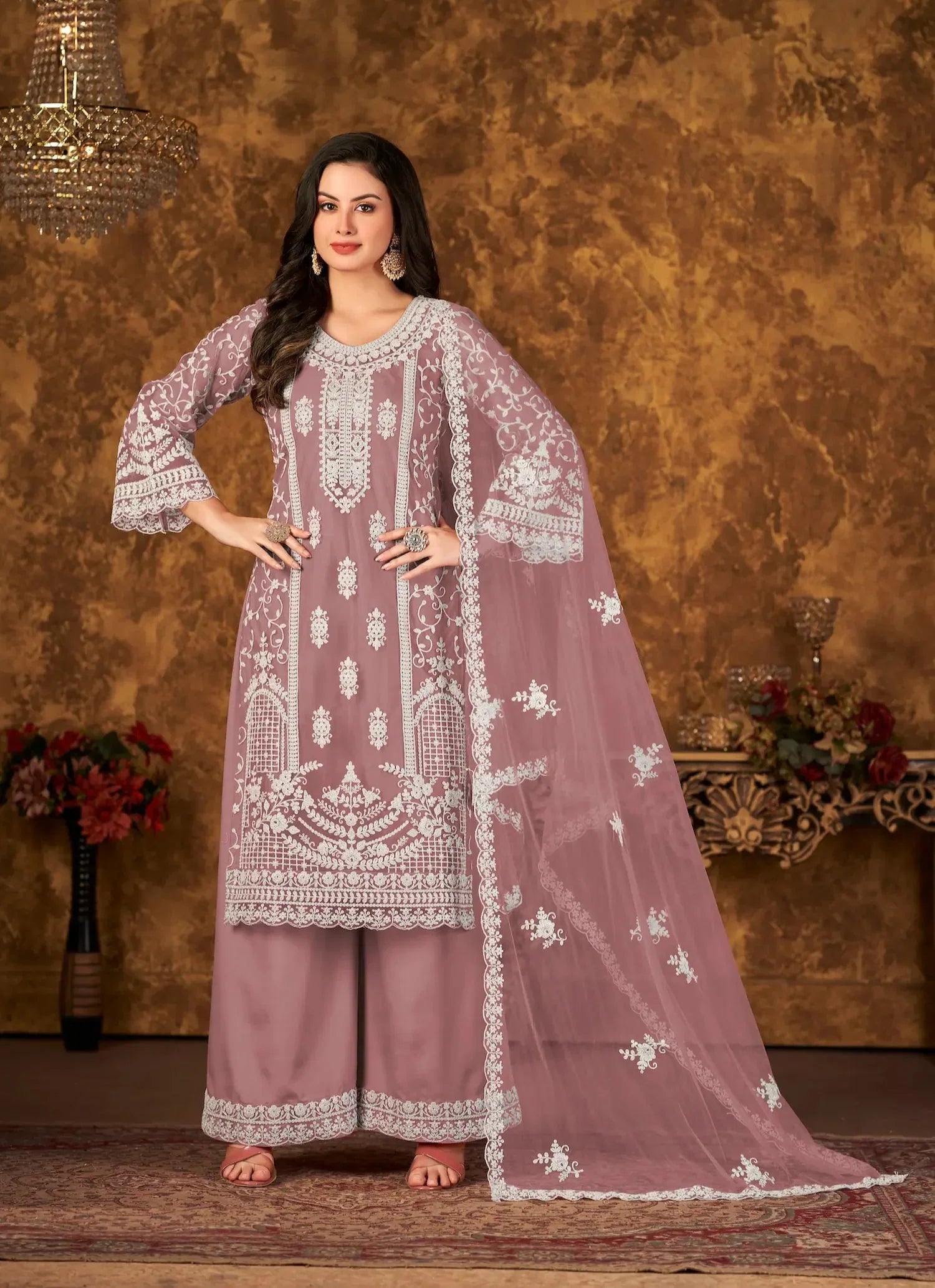 Dusty Peach Net Salwar Suit With Thread & Sequence Embroidery Work - qivii
