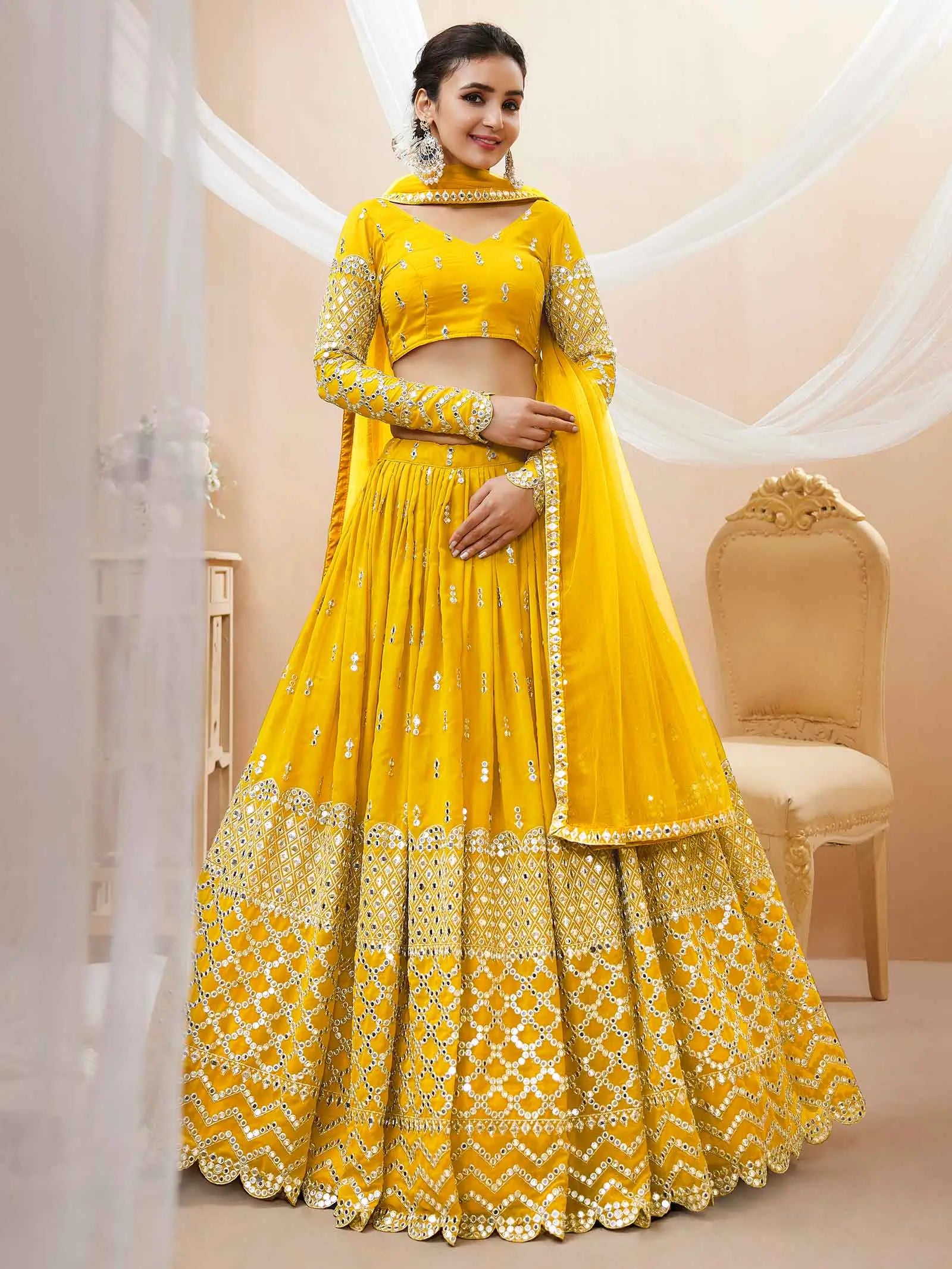 Yellow Lehenga choli With Sequence And Zari Embroidery Work With Soft Net dupatta | Ready To Wear - qivii