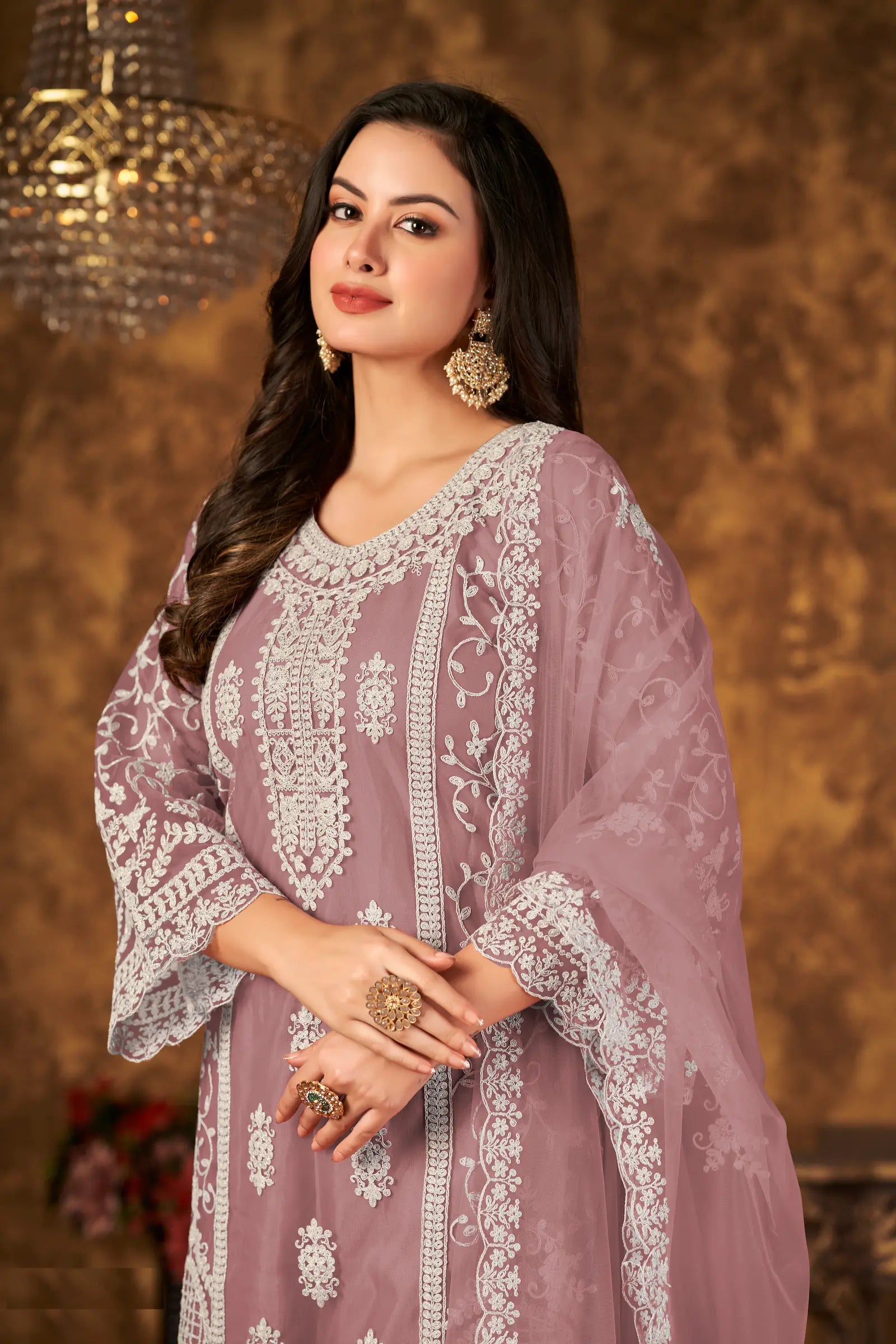 Dusty Peach Net Salwar Suit With Thread & Sequence Embroidery Work - qivii