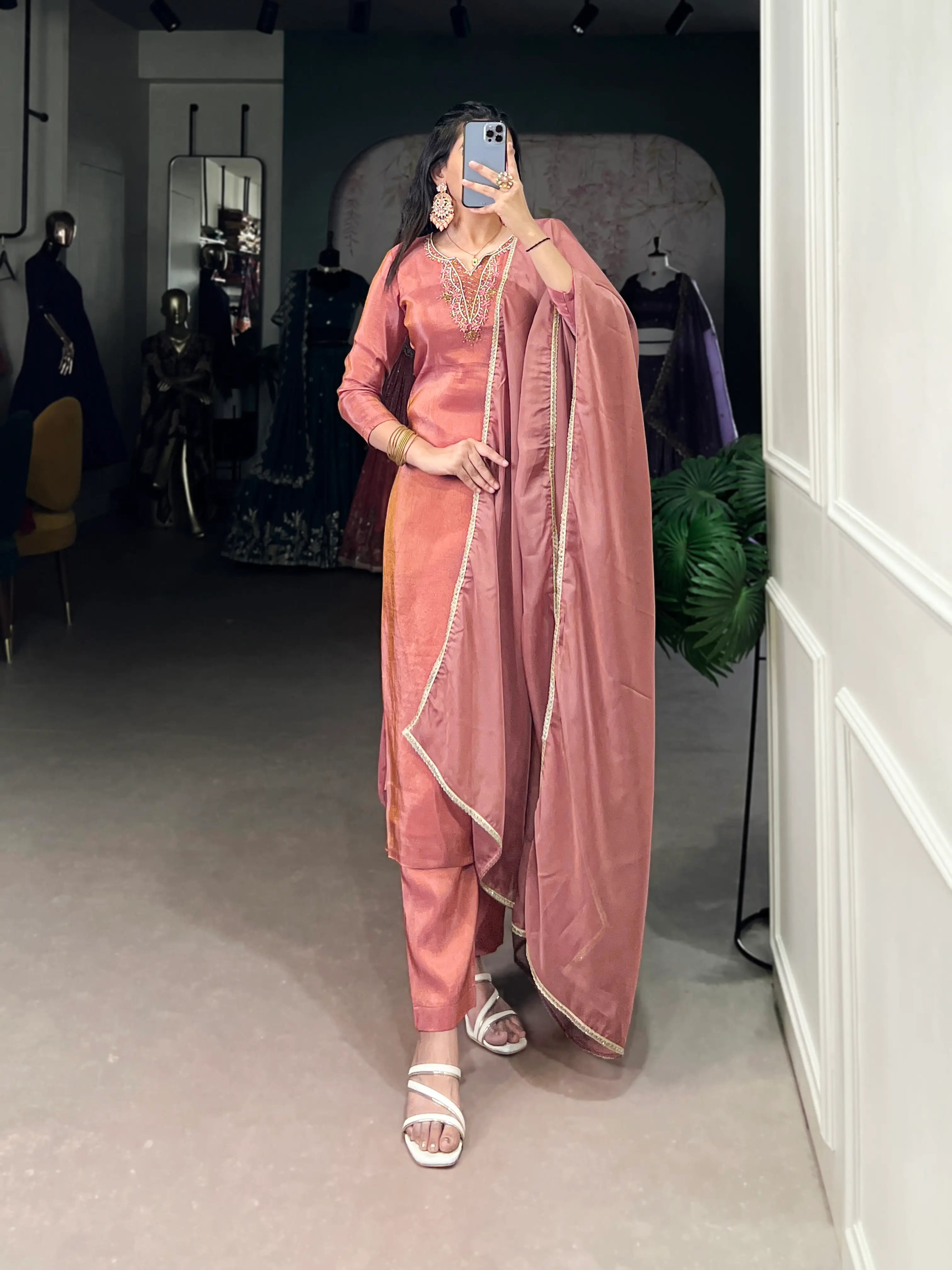 Peach Tissue Salwar Suit With Hand Work & Lace Touch Up