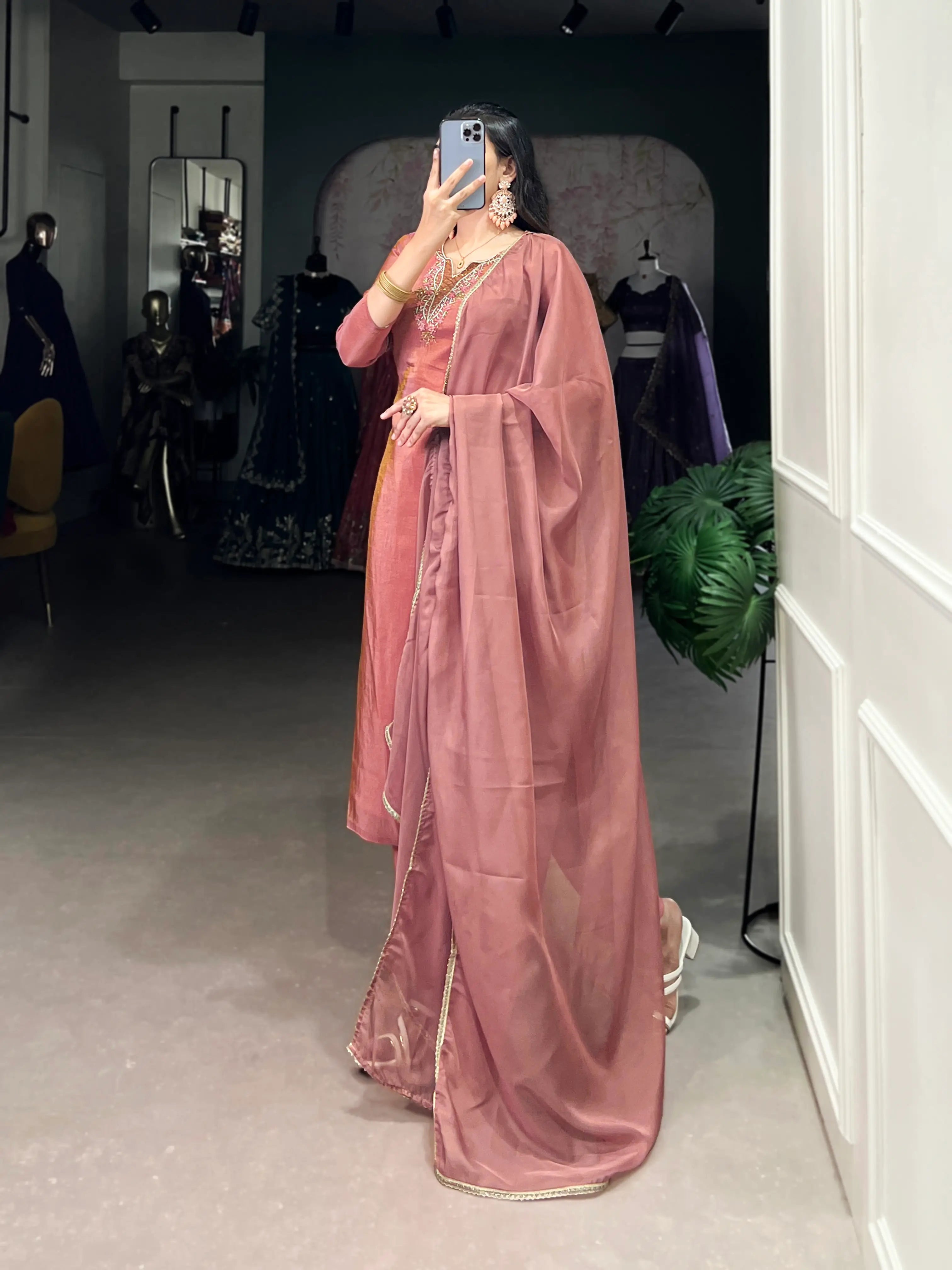 Peach Tissue Salwar Suit With Hand Work & Lace Touch Up