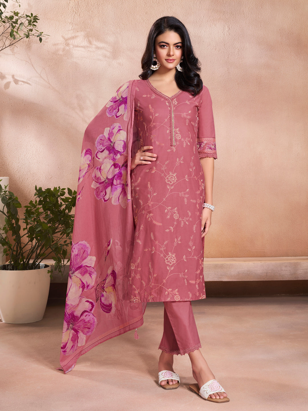 Pink Cotton Top with Designer Border Trouser and Digital Floral Dupatta Kurta Suit Set. - qivii