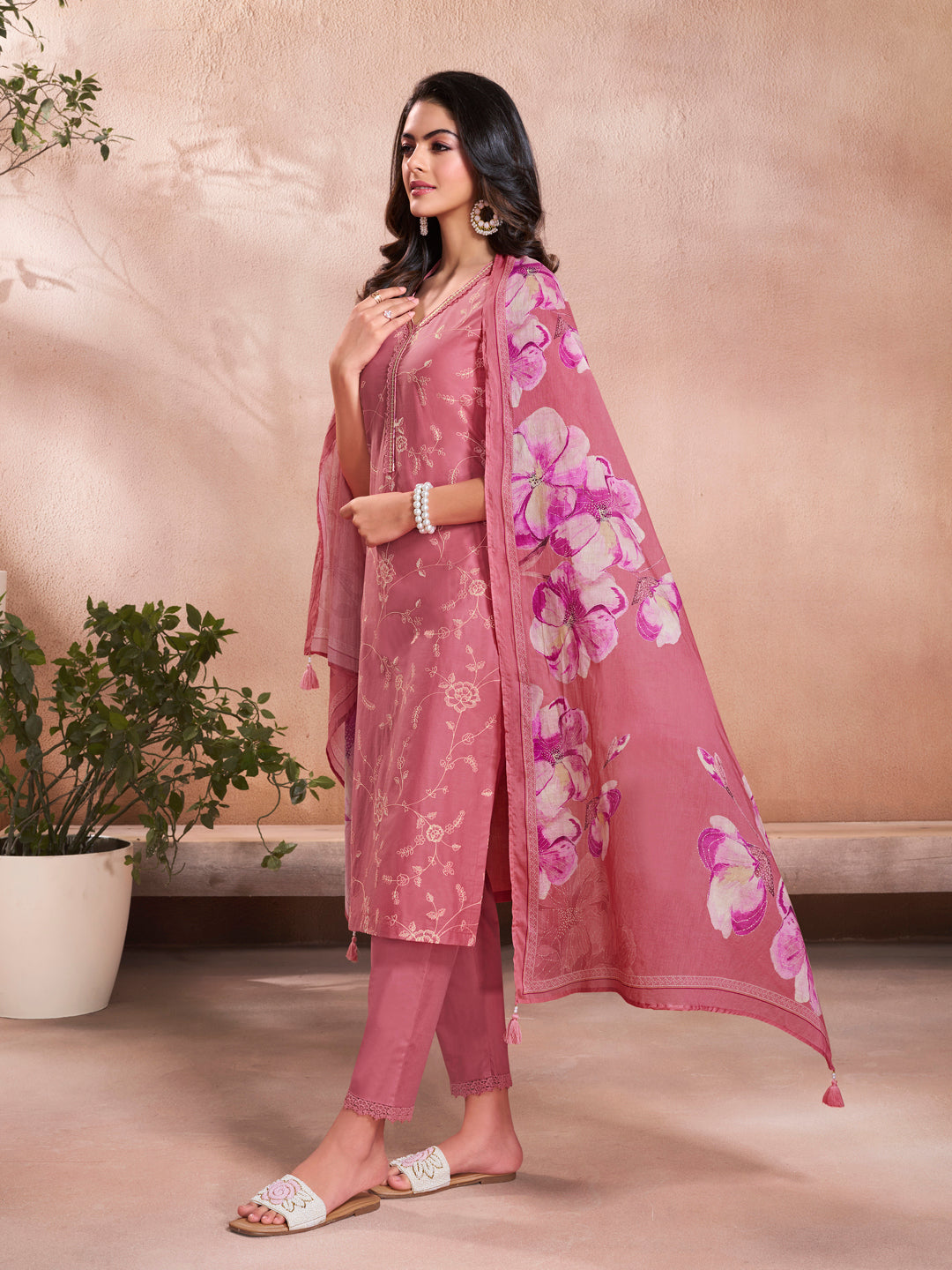Pink Cotton Top with Designer Border Trouser and Digital Floral Dupatta Kurta Suit Set. - qivii