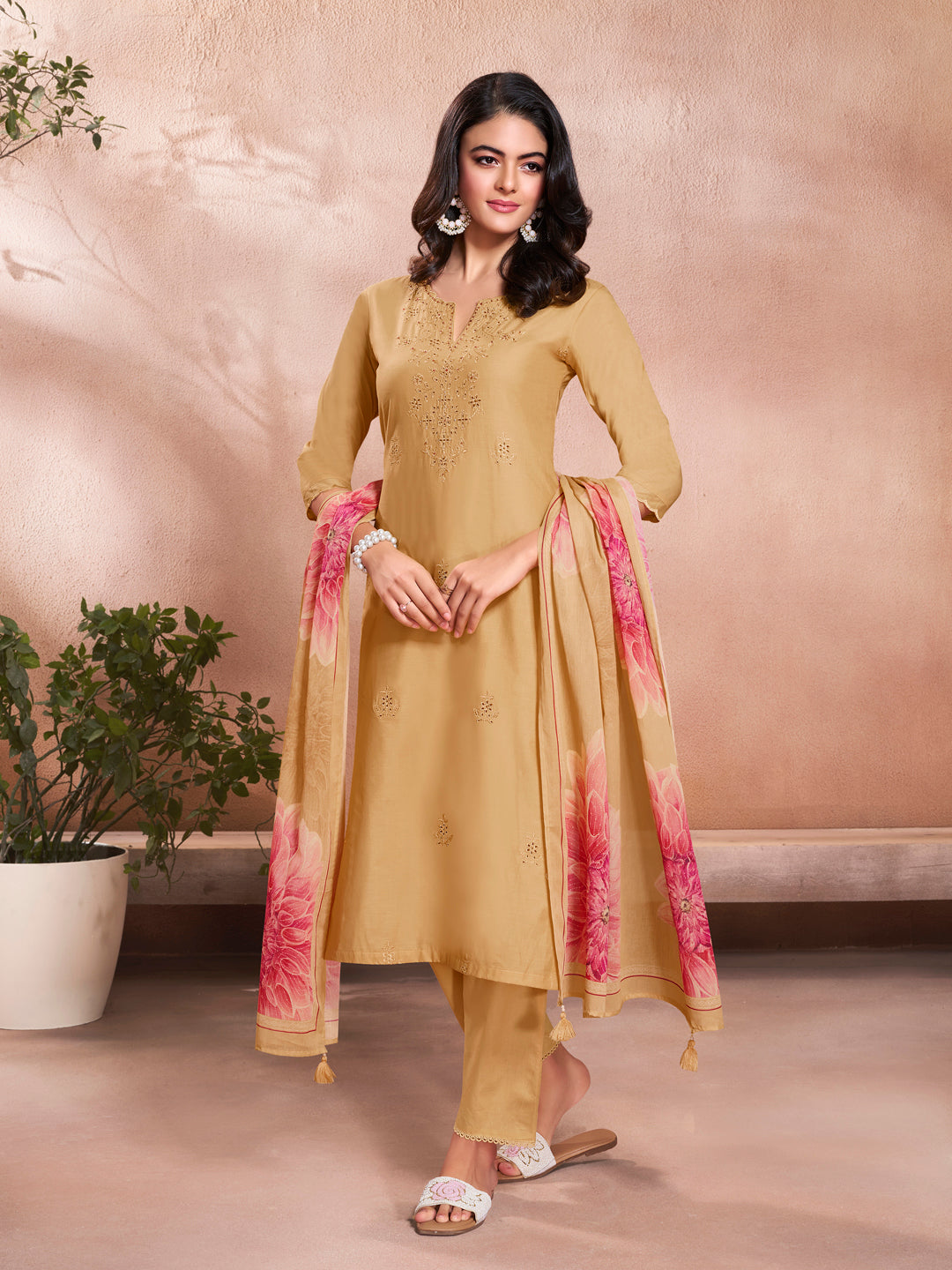 Yellow Cotton SchiTop with Designer Border Trouser and Digital Floral Dupatta Kurta Suit Set. - qivii