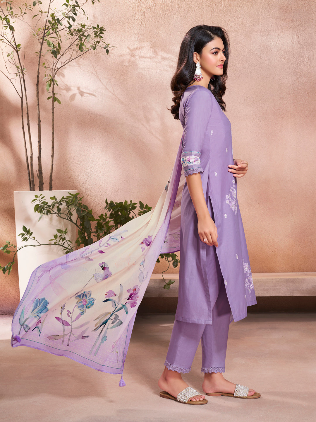 Lavender Cotton Top with Designer Border Trouser and Digital Floral Dupatta Kurta Suit Set. - qivii
