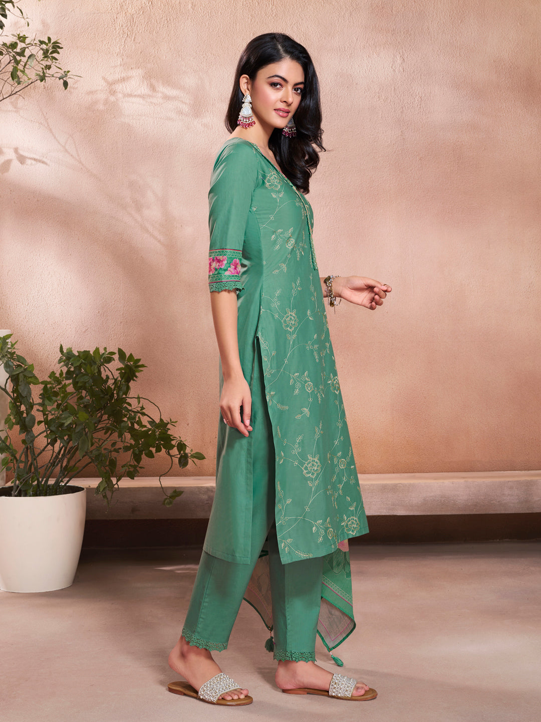Green Cotton Top with Designer Border Trouser and Digital Floral Dupatta Kurta Suit Set - qivii