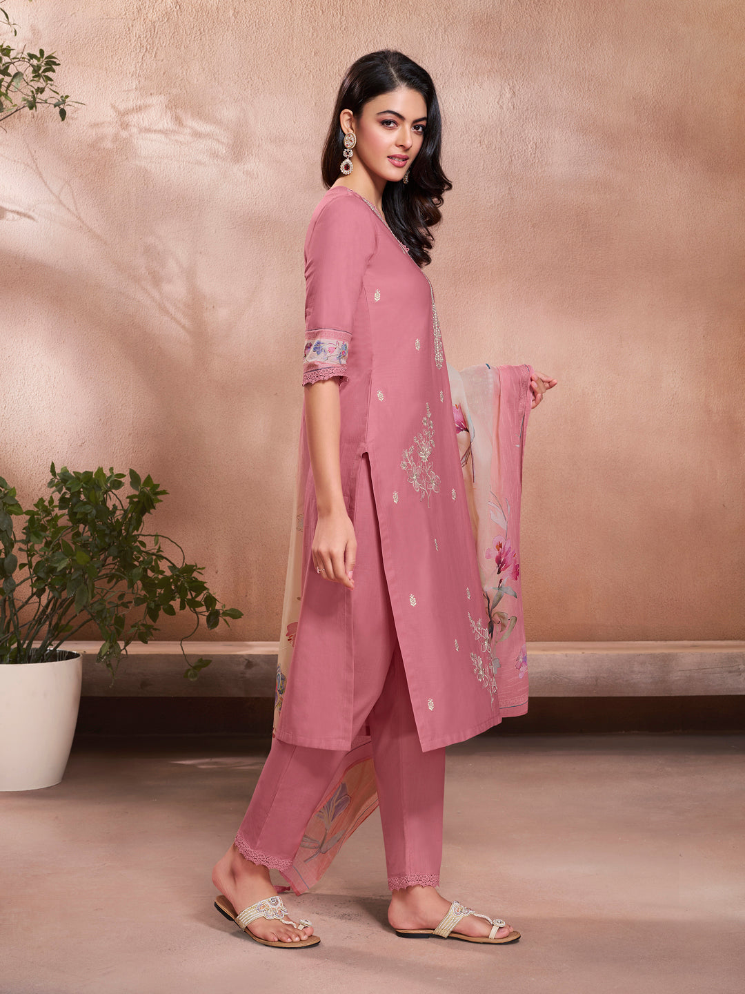 Baby Pink Cotton Top with Designer Border Trouser and Digital Floral Dupatta Kurta Suit Set. - qivii