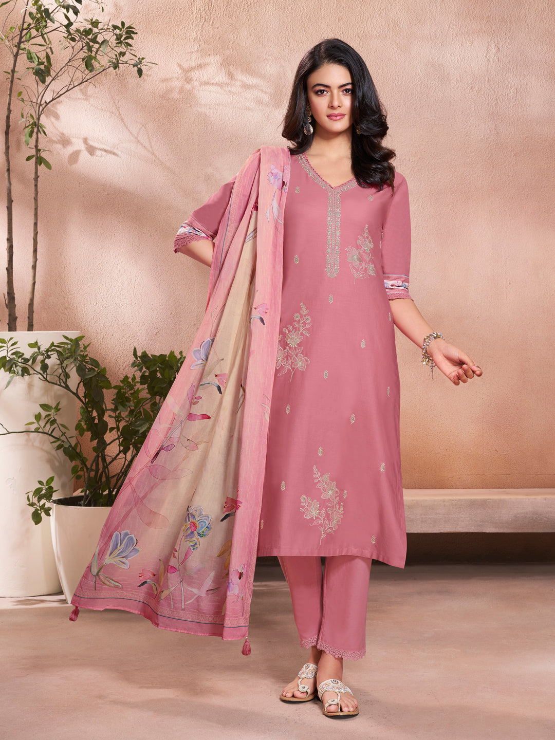 Baby Pink Cotton Top with Designer Border Trouser and Digital Floral Dupatta Kurta Suit Set. - qivii