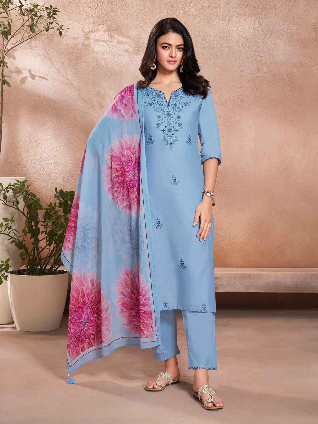 Blue Cotton Top with Designer Border Trouser and Digital Floral Dupatta Kurta Suit Set. - qivii