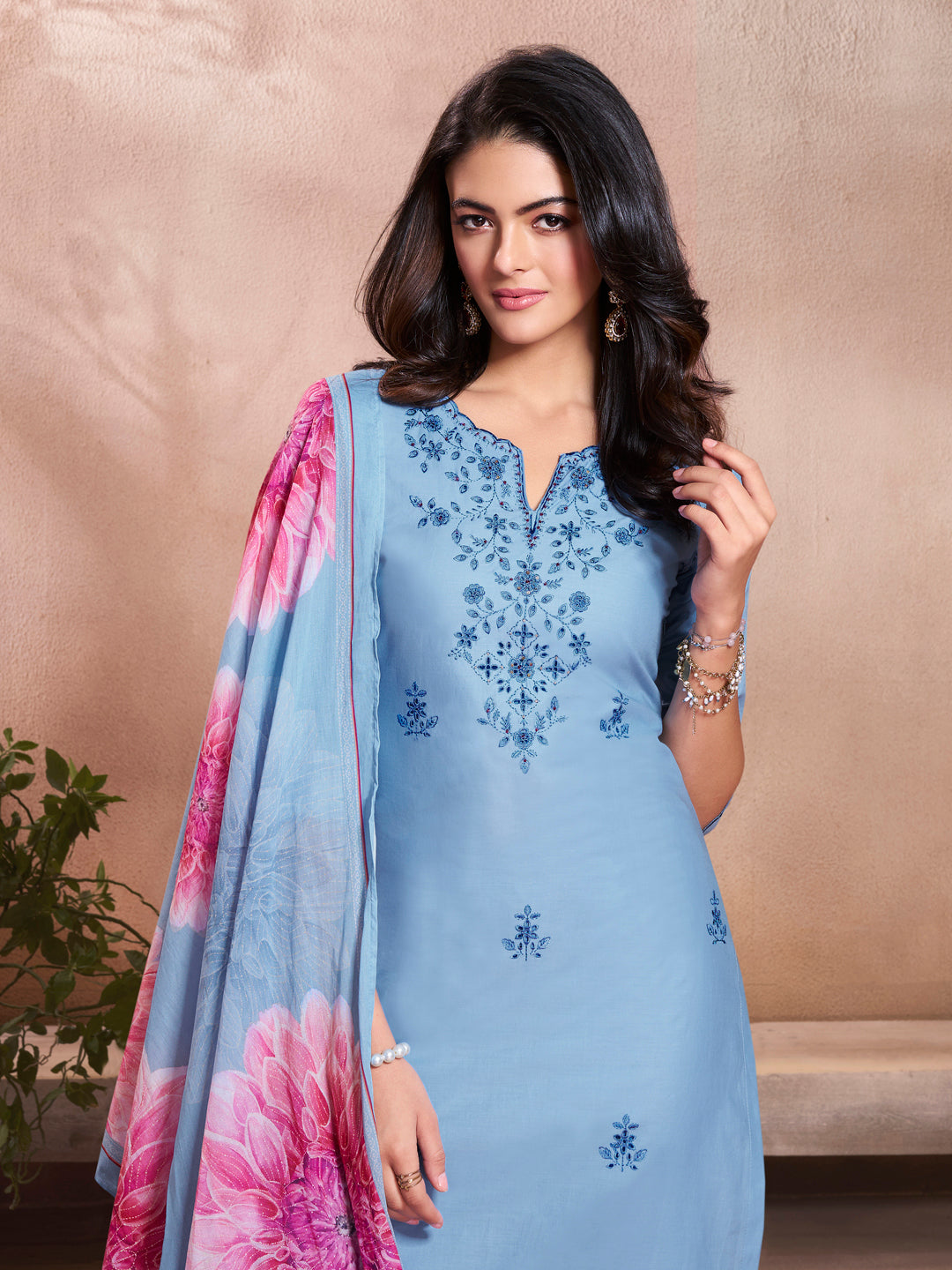 Blue Cotton Top with Designer Border Trouser and Digital Floral Dupatta Kurta Suit Set