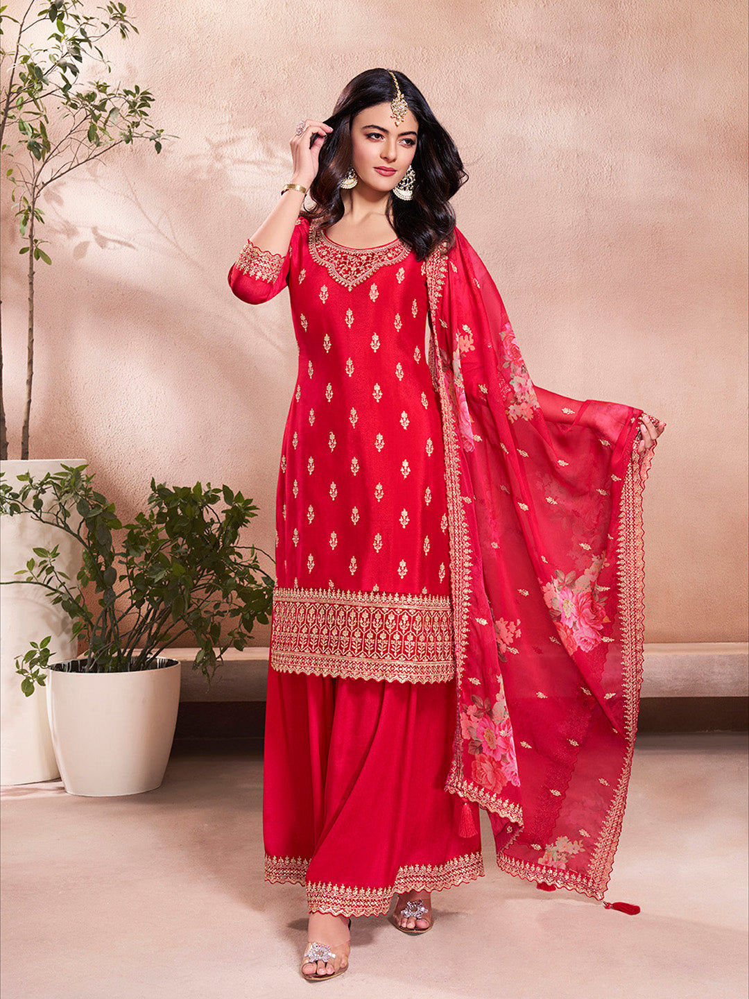 Red Butti Floral Pattern Sequins Embroidered Sharara Suit Set - qivii