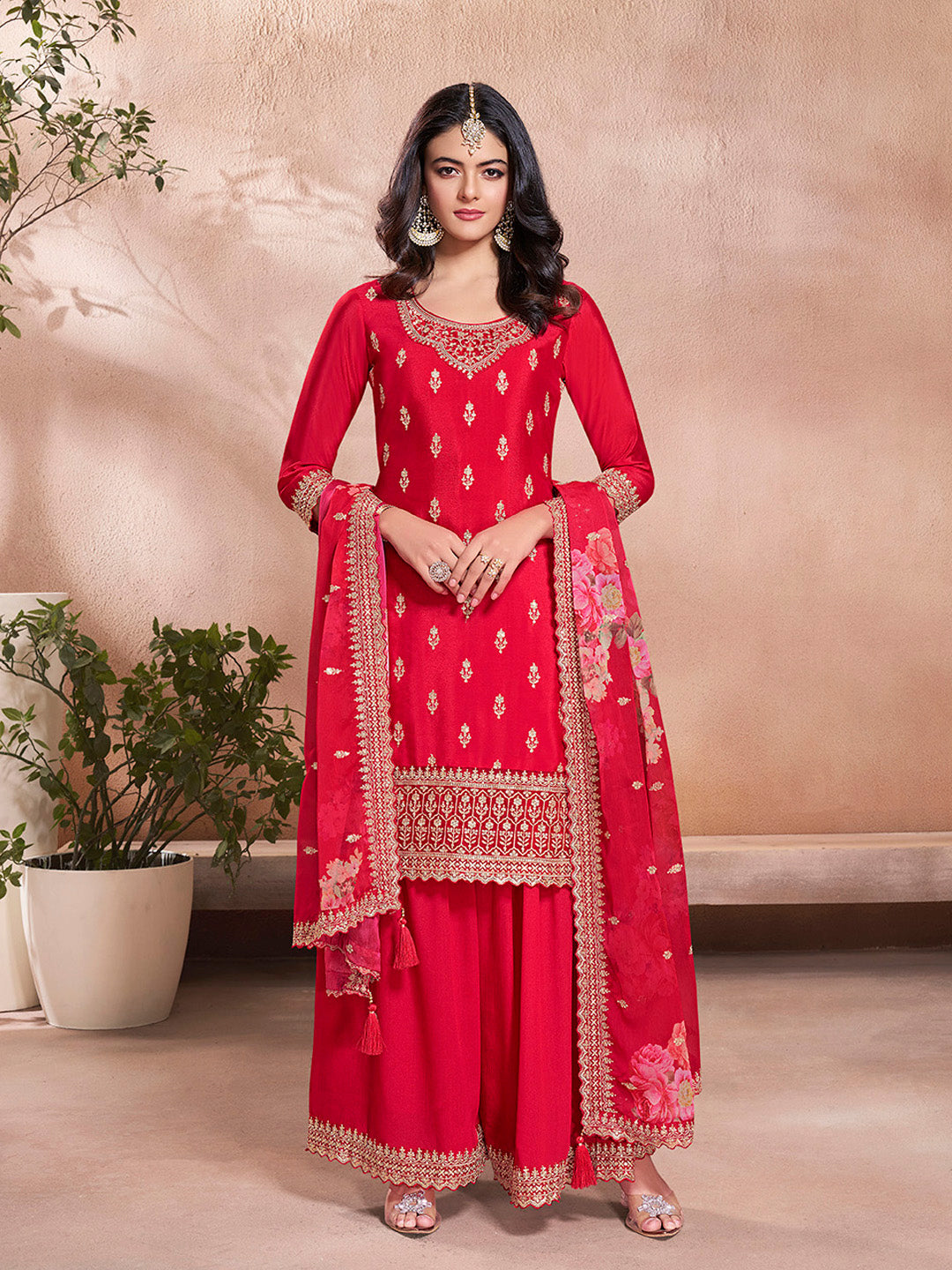 Red Butti Floral Pattern Sequins Embroidered Sharara Suit Set - qivii
