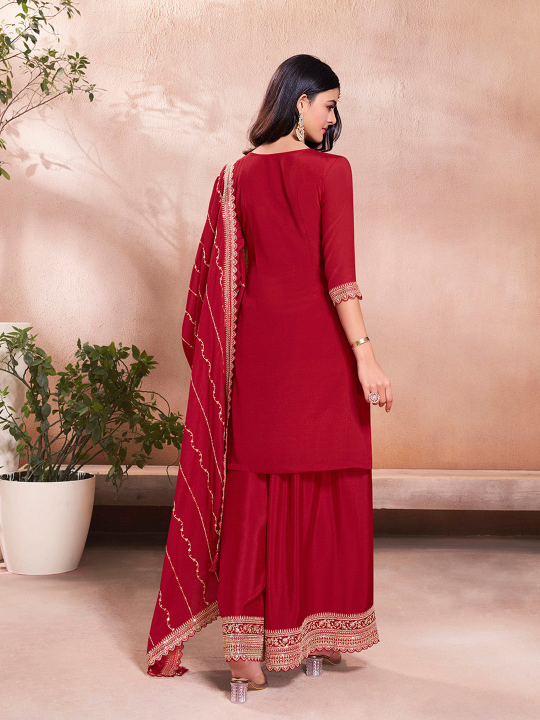 Red Jacquard Embroidery Sharara Suit Set - qivii