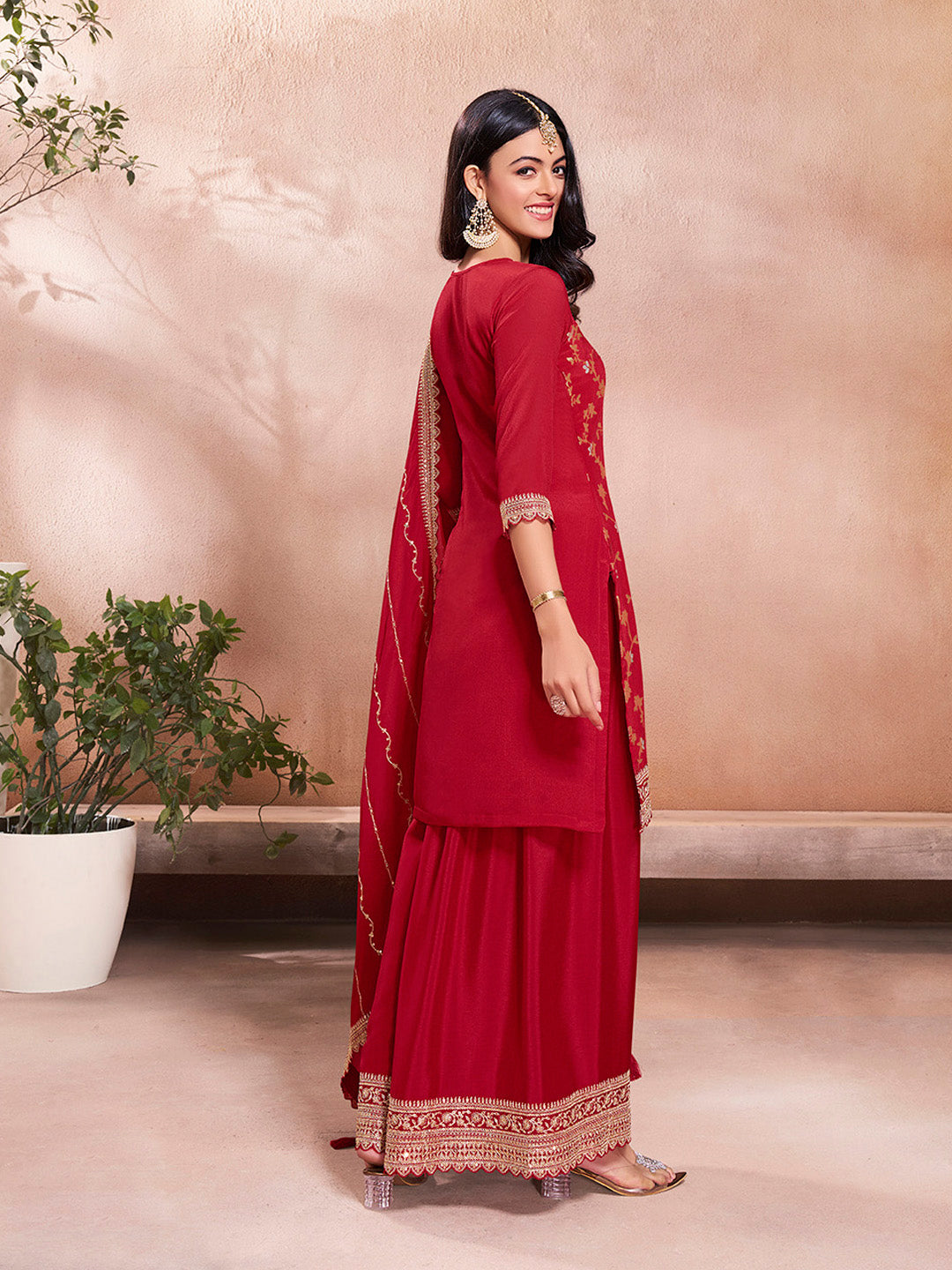 Red Jacquard Embroidery Sharara Suit Set - qivii