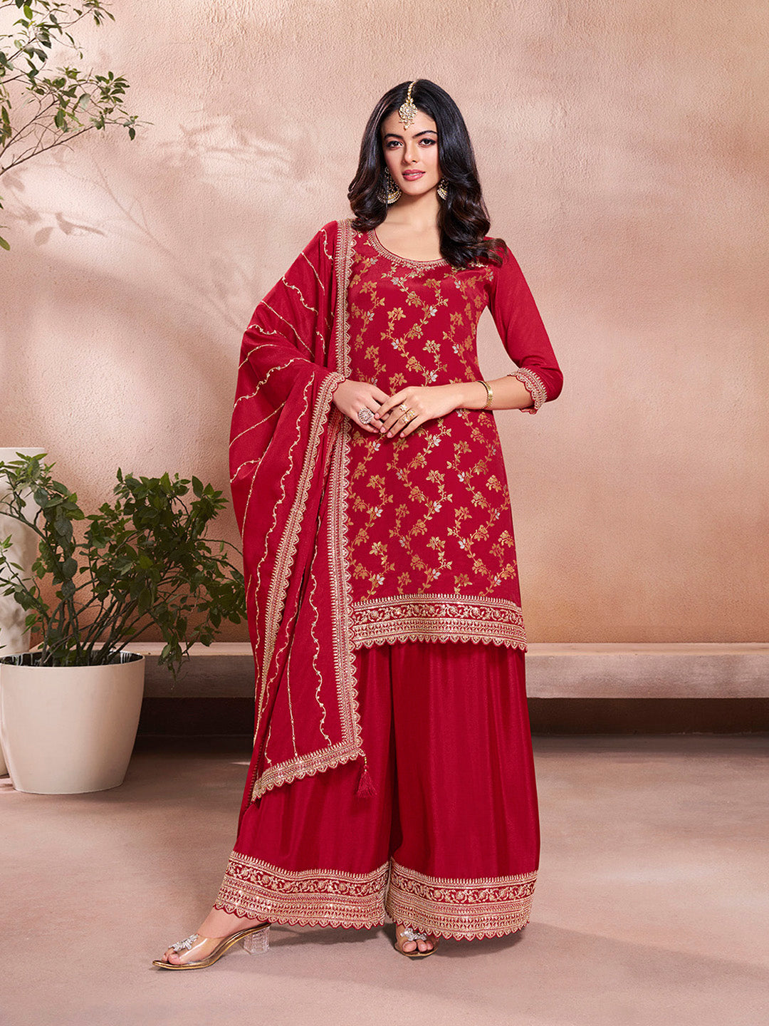Red Jacquard Embroidery Sharara Suit Set - qivii