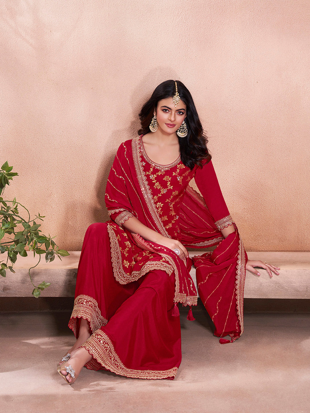 Red Jacquard Embroidery Sharara Suit Set - qivii