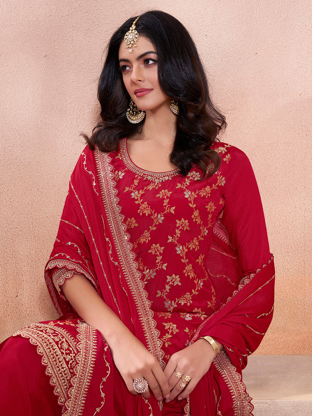 Red Jacquard Embroidery Sharara Suit Set - qivii