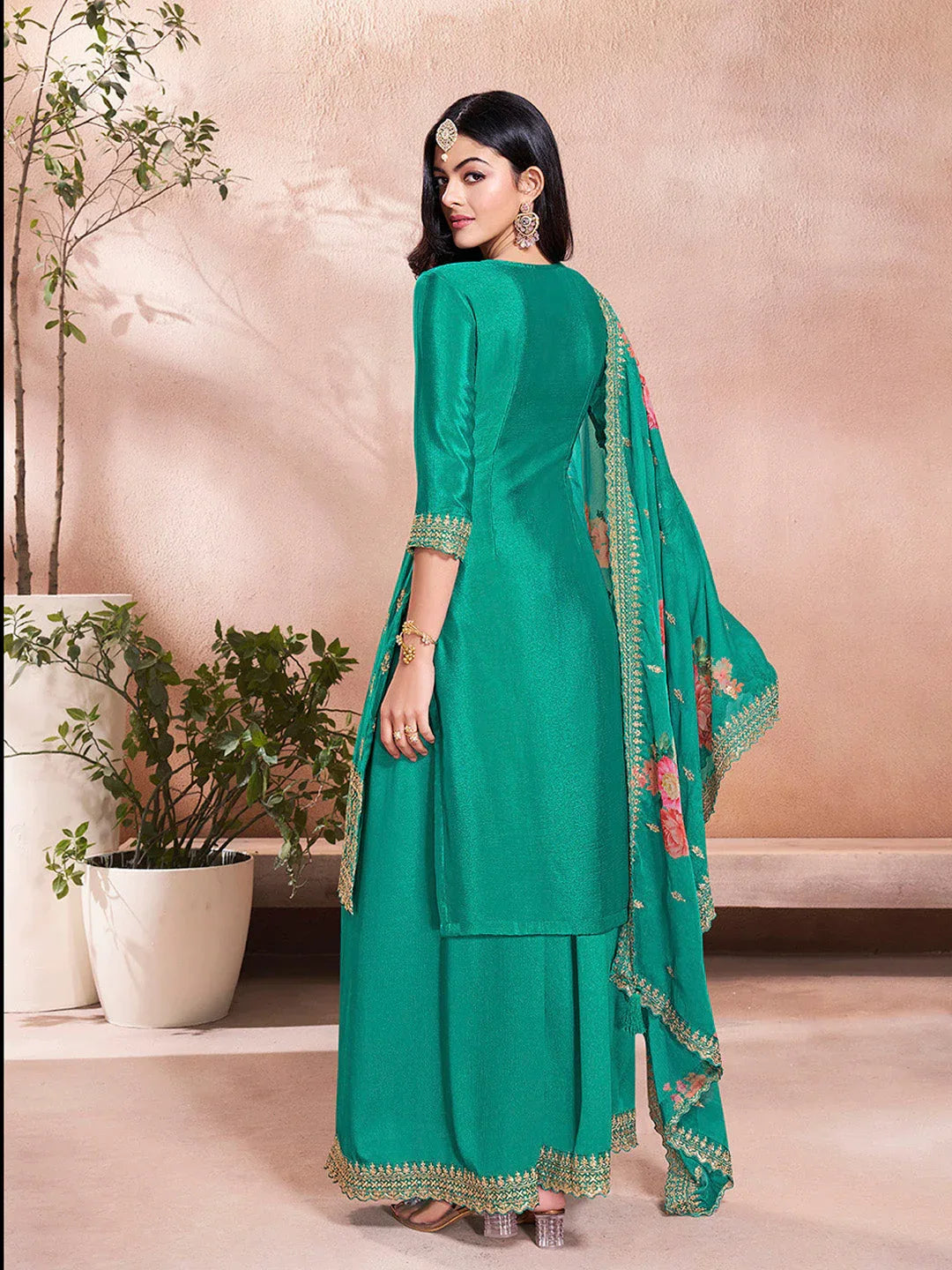 Teal Green Butti Floral Pattern Sequins Embroidered Sharara Suit Set - qivii