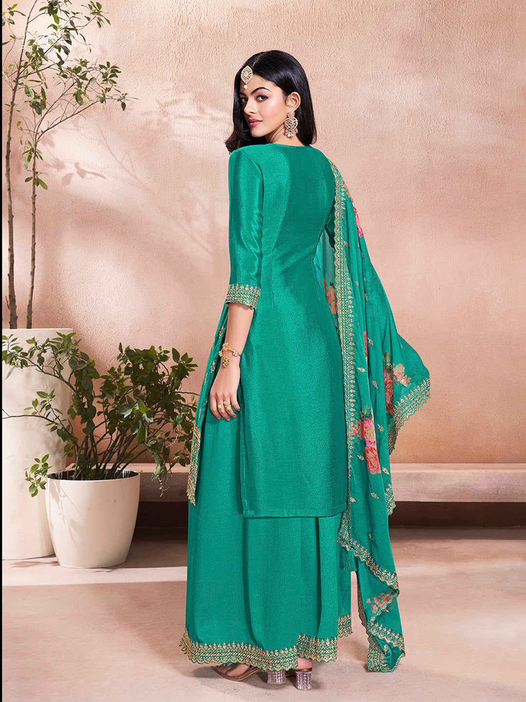 Teal Green Butti Floral Pattern Sequins Embroidered Sharara Suit Set