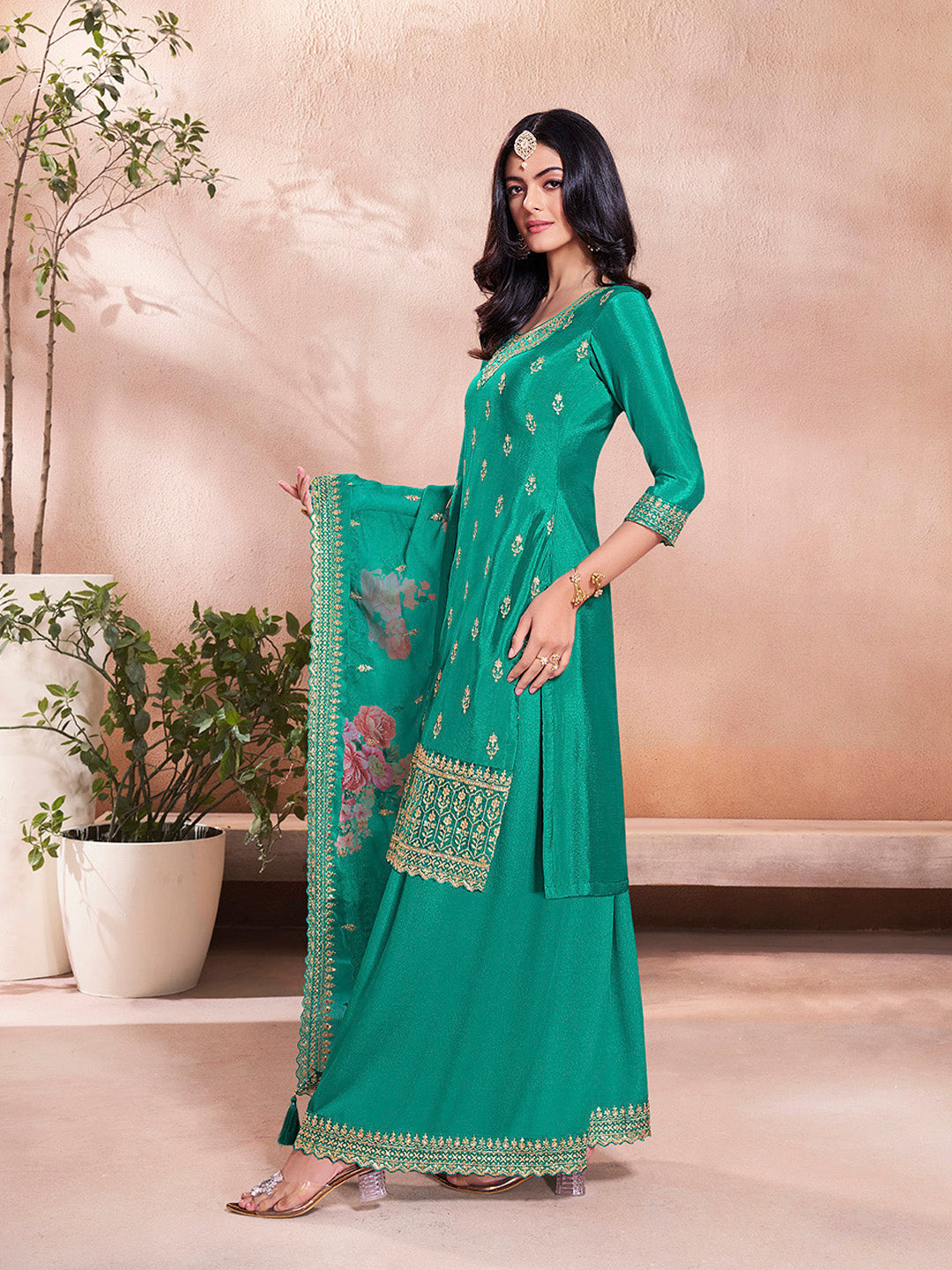 Teal Green Butti Floral Pattern Sequins Embroidered Sharara Suit Set - qivii