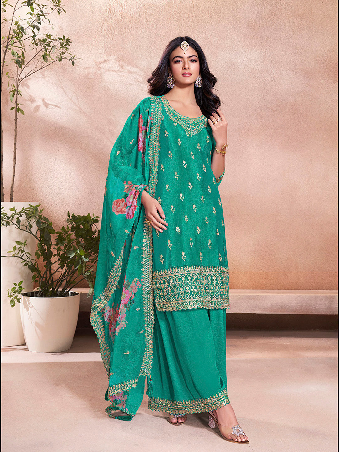 Teal Green Butti Floral Pattern Sequins Embroidered Sharara Suit Set - qivii
