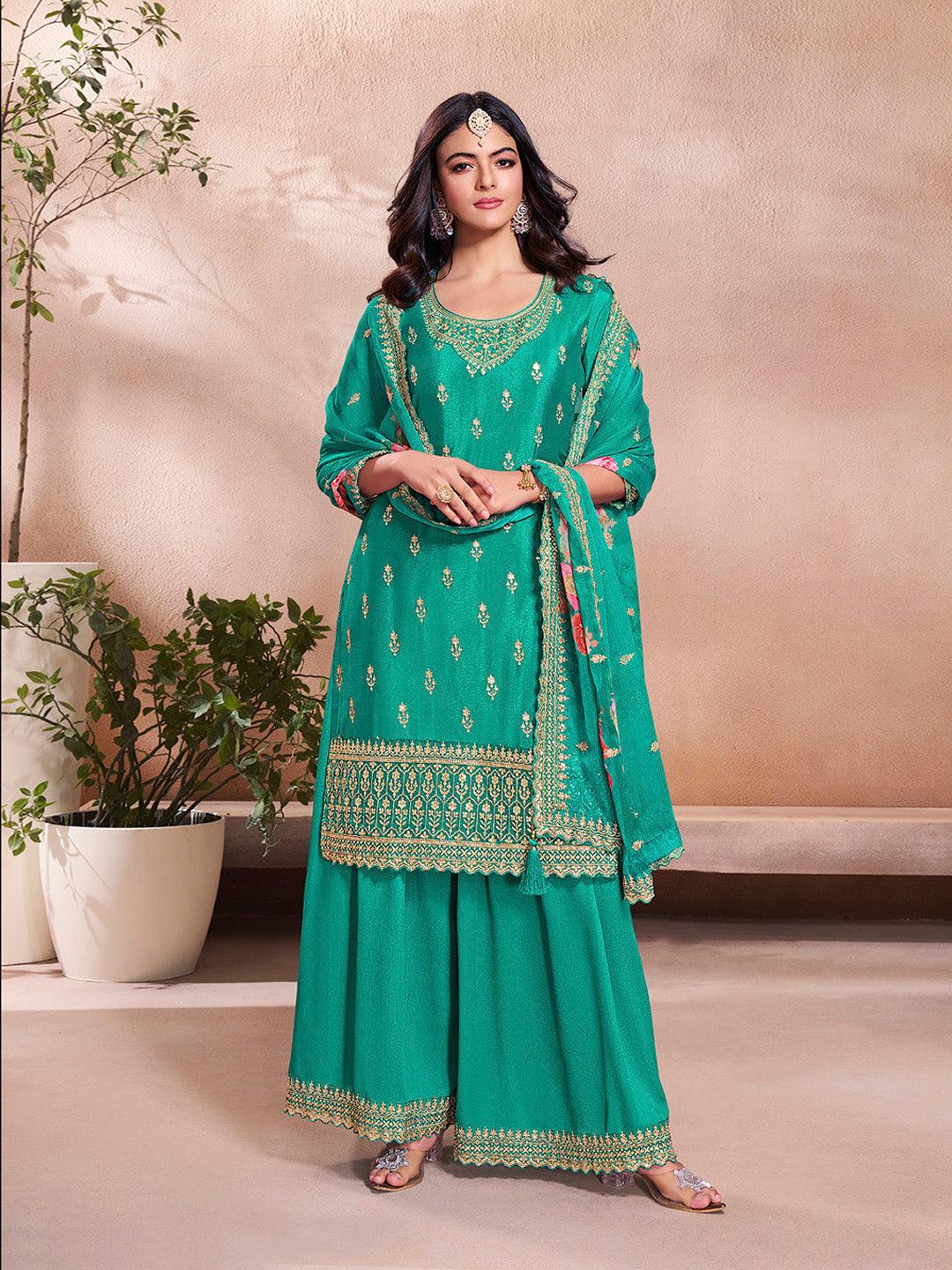 Teal Green Butti Floral Pattern Sequins Embroidered Sharara Suit Set - qivii