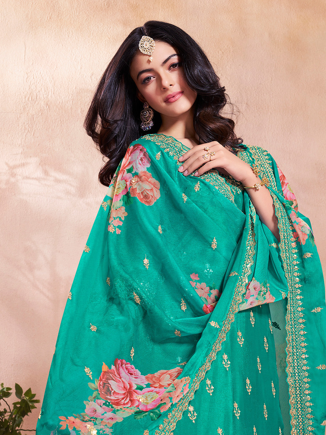 Teal Green Butti Floral Pattern Sequins Embroidered Sharara Suit Set - qivii