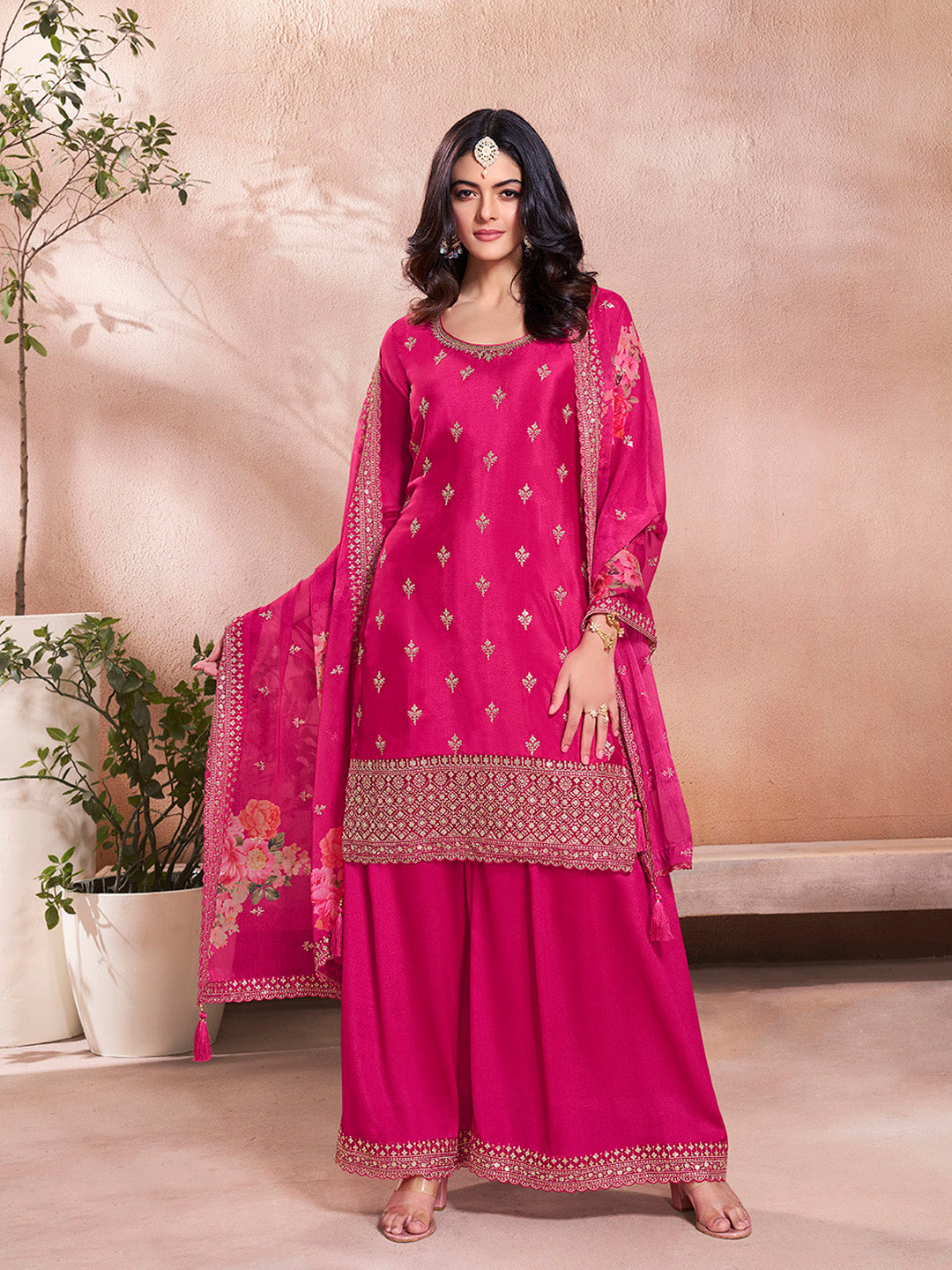 Pink Butti Floral Pattern Sequins Embroidered Sharara Suit Set - qivii