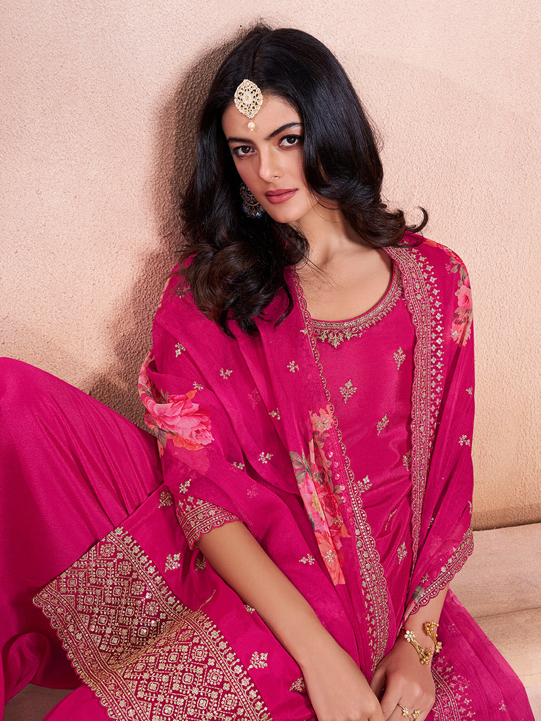 Pink Butti Floral Pattern Sequins Embroidered Sharara Suit Set - qivii