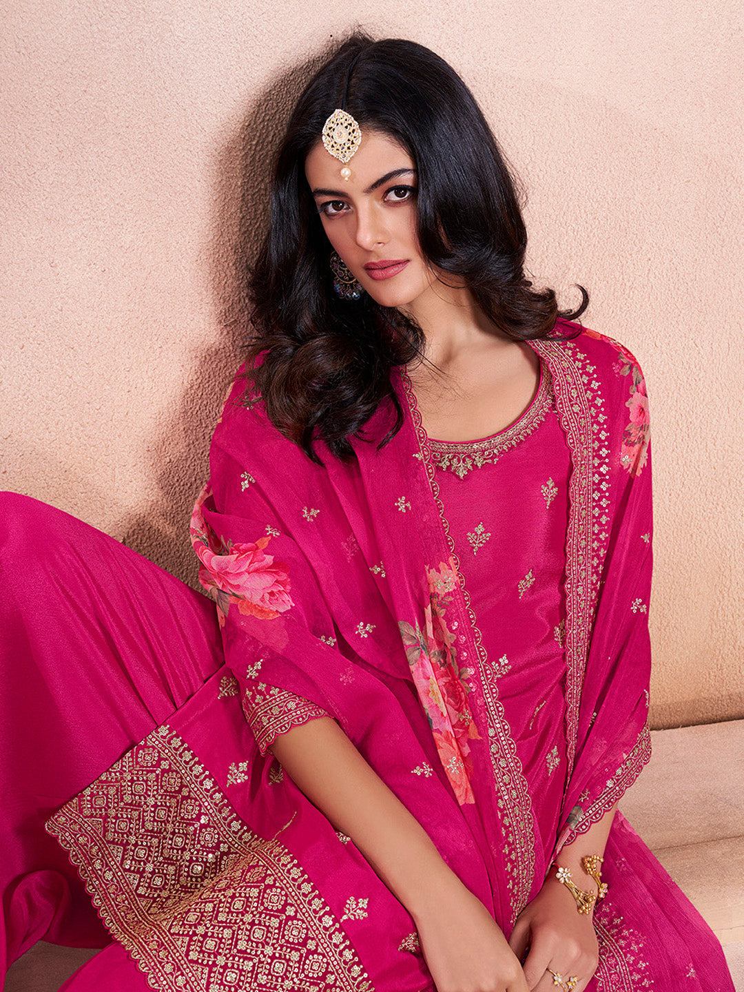 Pink Butti Floral Pattern Sequins Embroidered Sharara Suit Set - qivii