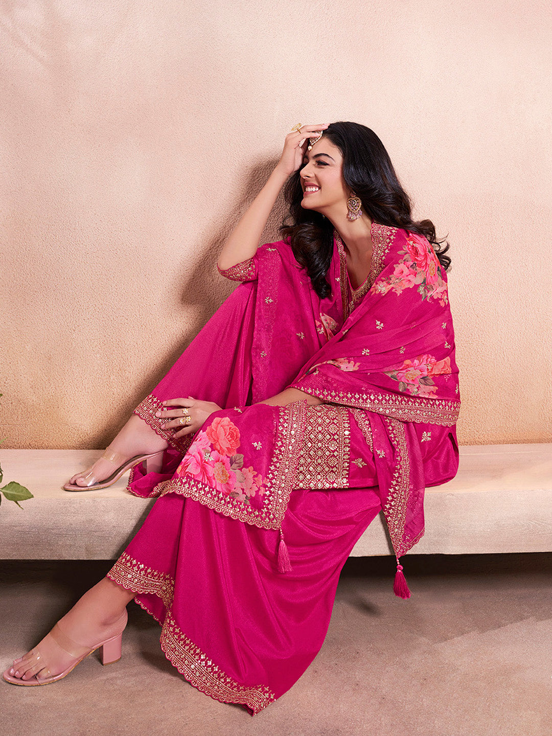 Pink Butti Floral Pattern Sequins Embroidered Sharara Suit Set - qivii