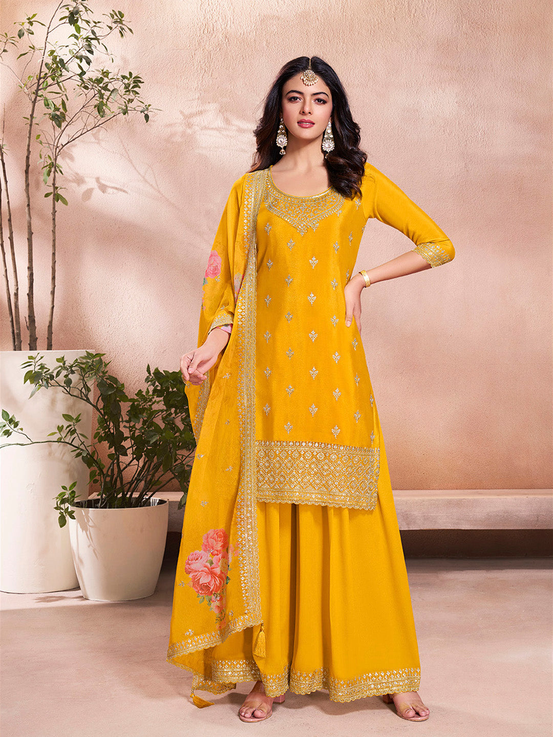 Yellow Butti Floral Pattern Sequins Embroidered Sharara Suit Set - qivii