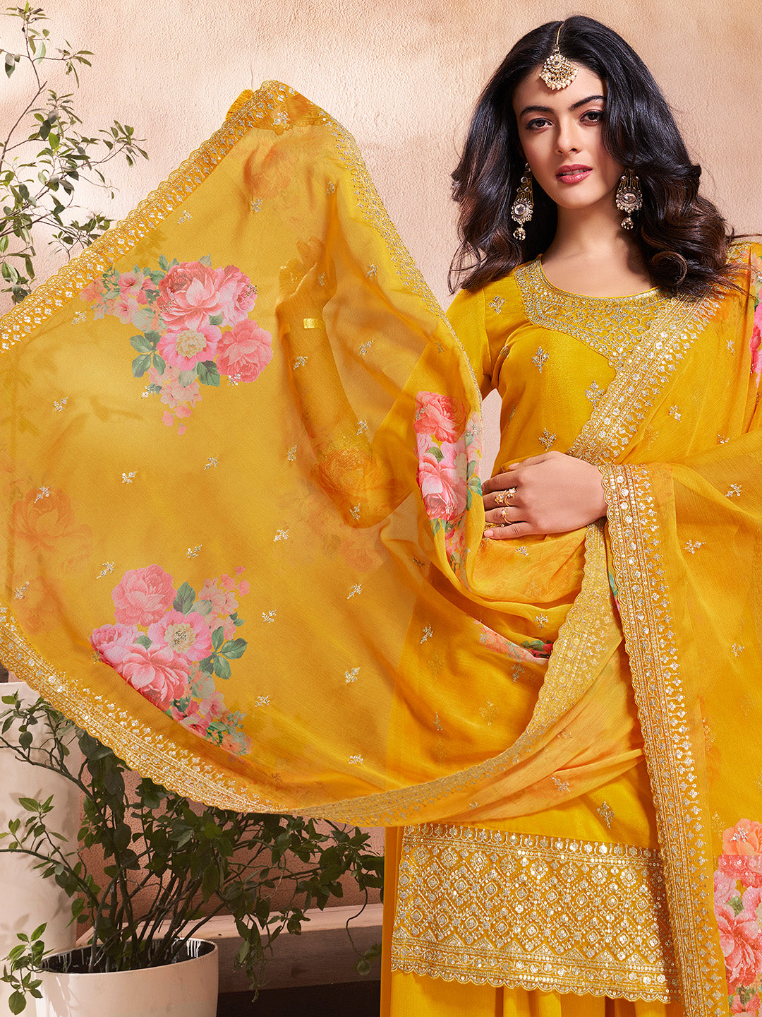 Yellow Butti Floral Pattern Sequins Embroidered Sharara Suit Set - qivii
