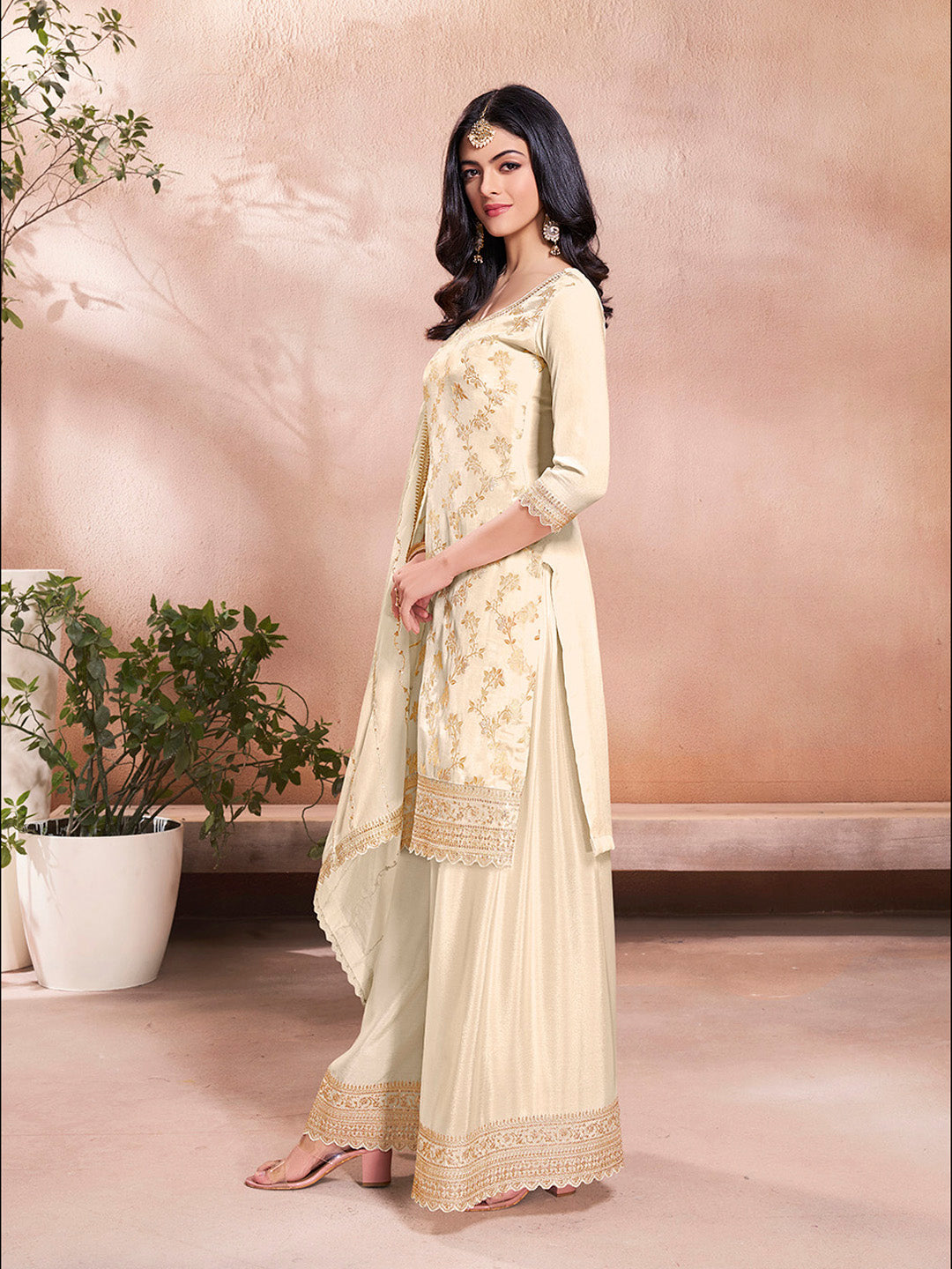 White Jacquard Embroidery Sharara Suit Set - qivii