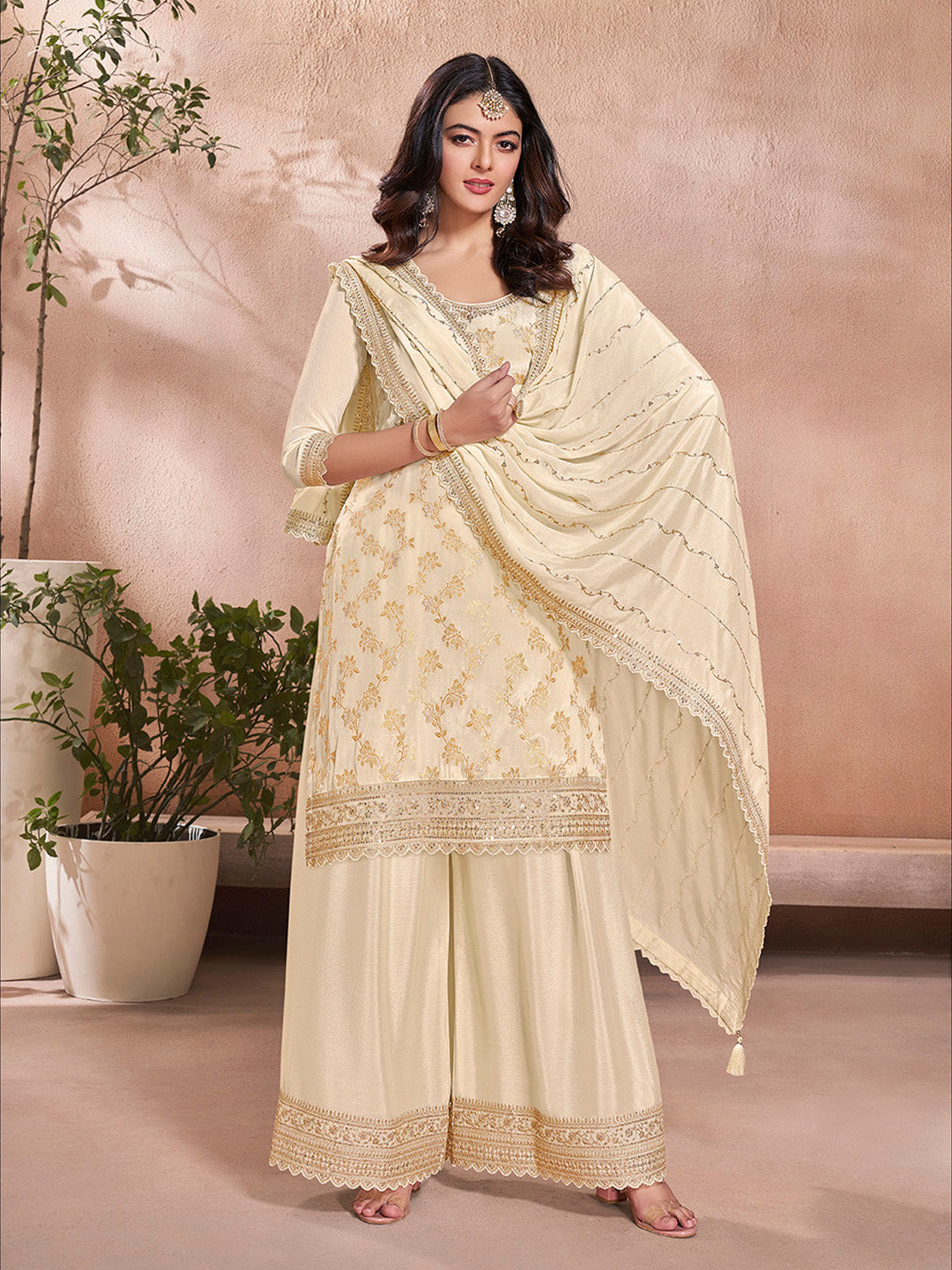 White Jacquard Embroidery Sharara Suit Set - qivii