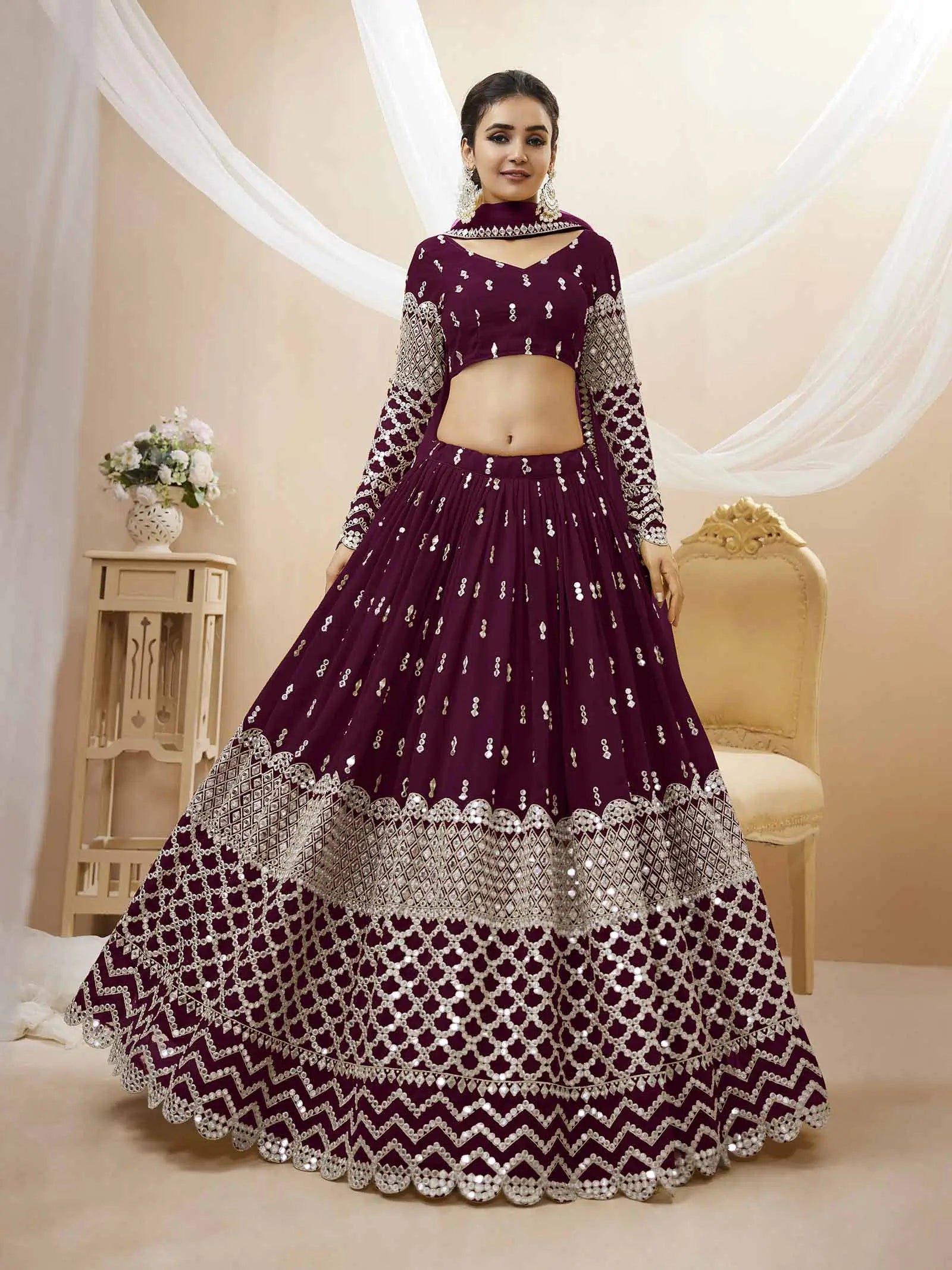 Wine Colored Georgette Lehenga With Sequence And Zari Embroidery Work | Ready To Wear - qivii