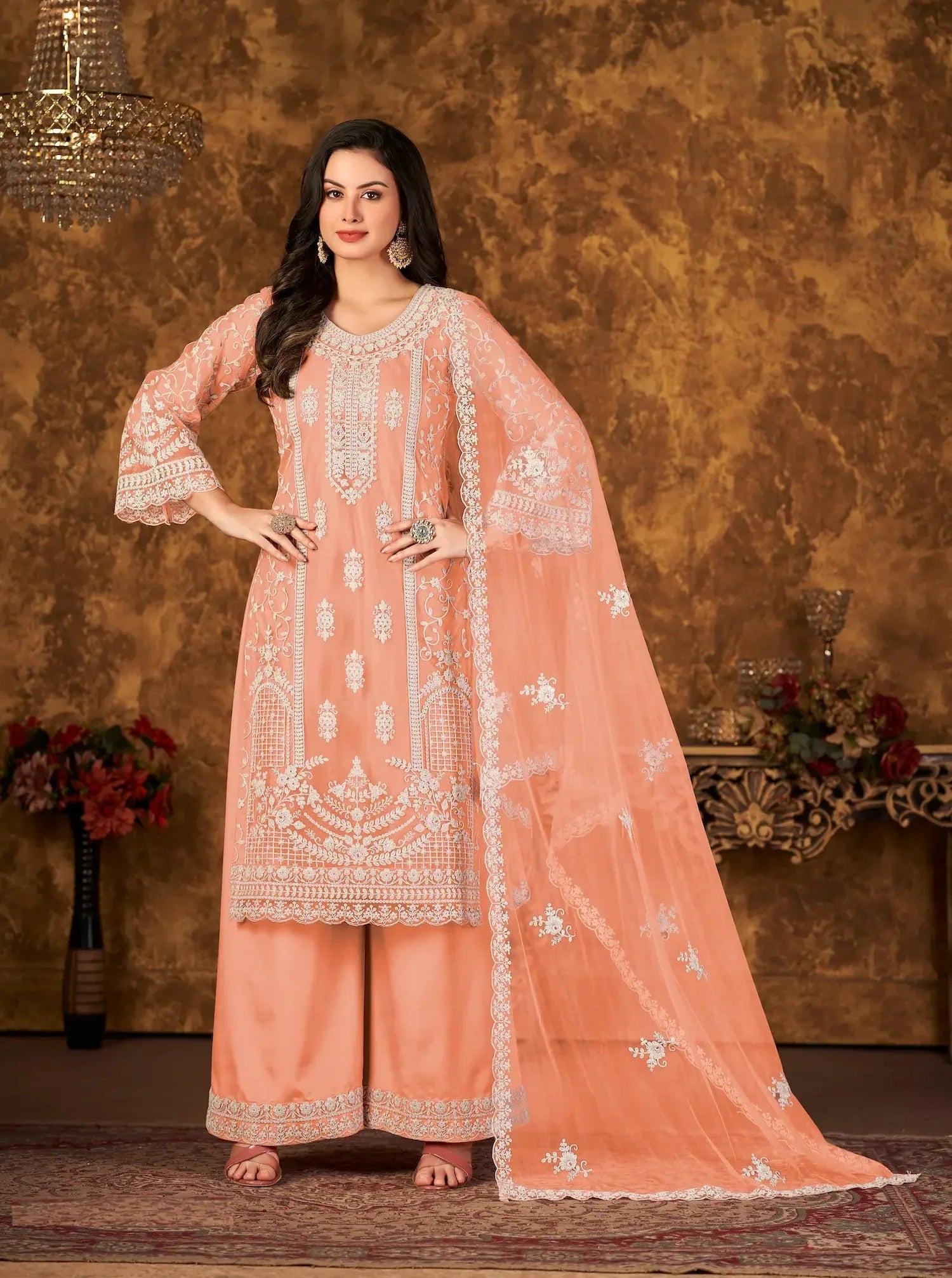 Peach Net Salwar Suit With Thread & Sequence Embroidery Work - qivii