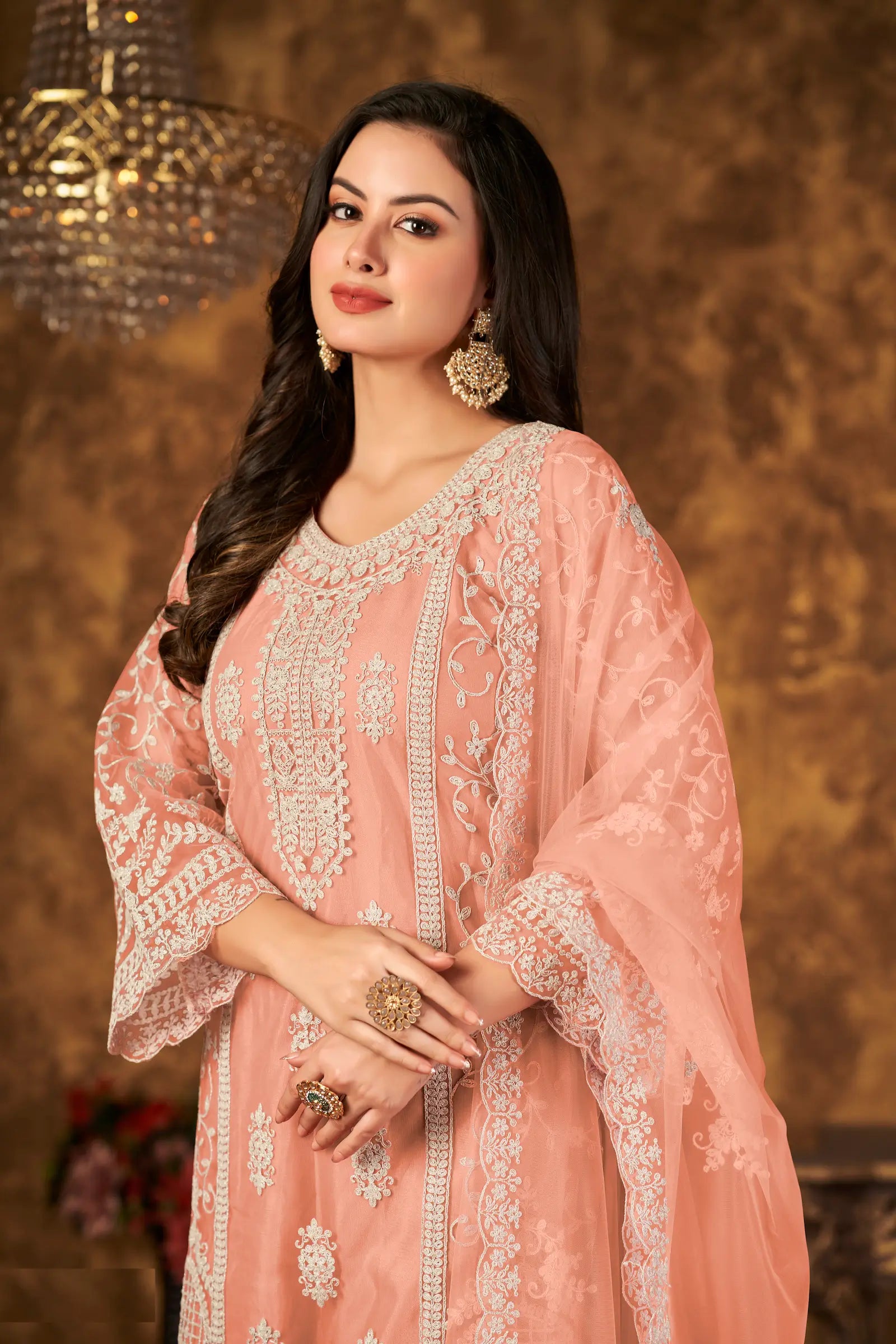 Peach Net Salwar Suit With Thread & Sequence Embroidery Work - qivii