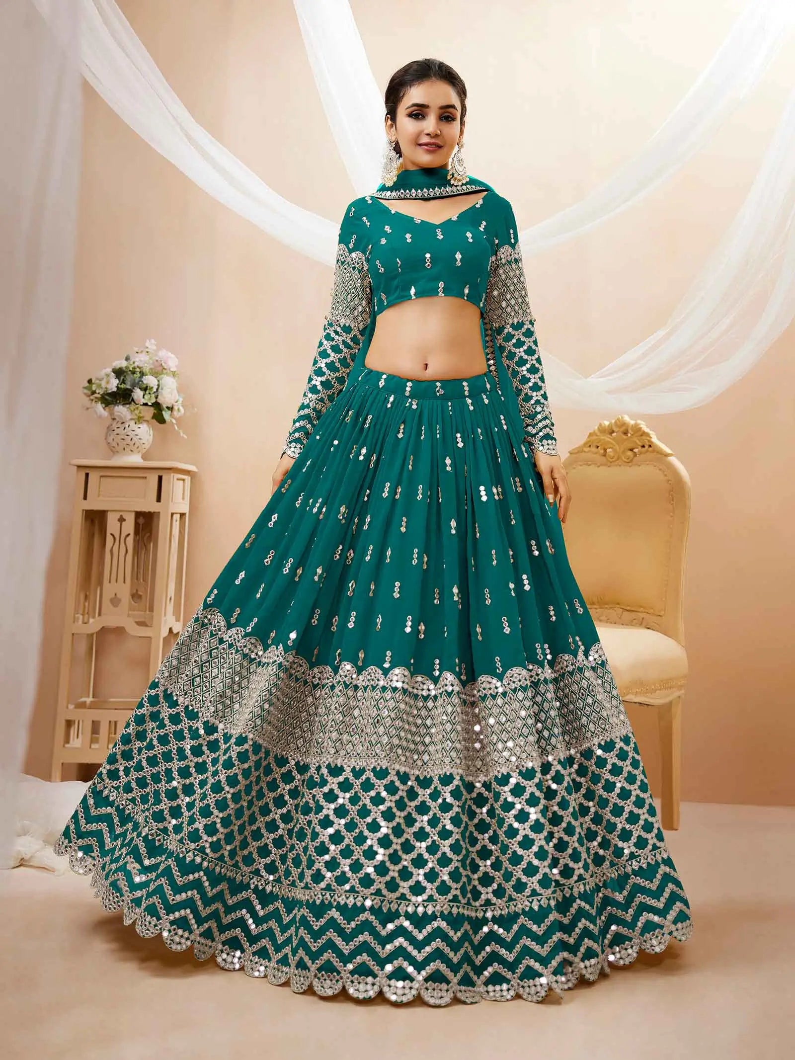 Teal Blue Georgette Lehenga With Sequence And Zari Embroidery Work | Ready To Wear - qivii