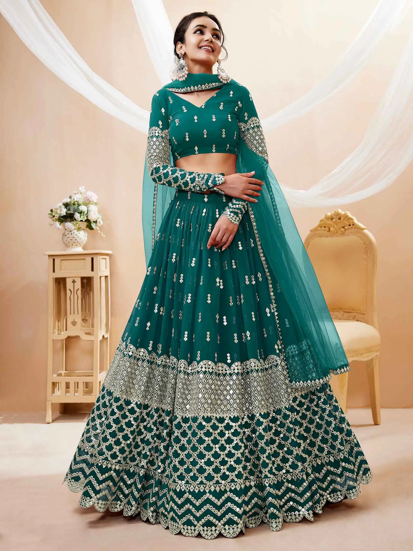 Teal Blue Georgette Lehenga With Sequence And Zari Embroidery Work | Ready To Wear - qivii