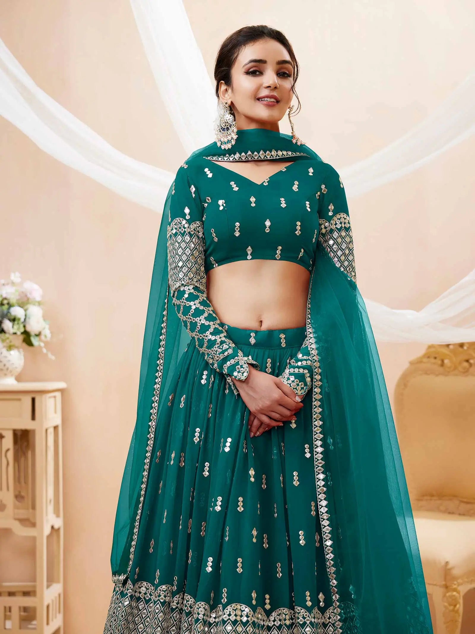 Teal Blue Georgette Lehenga With Sequence And Zari Embroidery Work | Ready To Wear - qivii