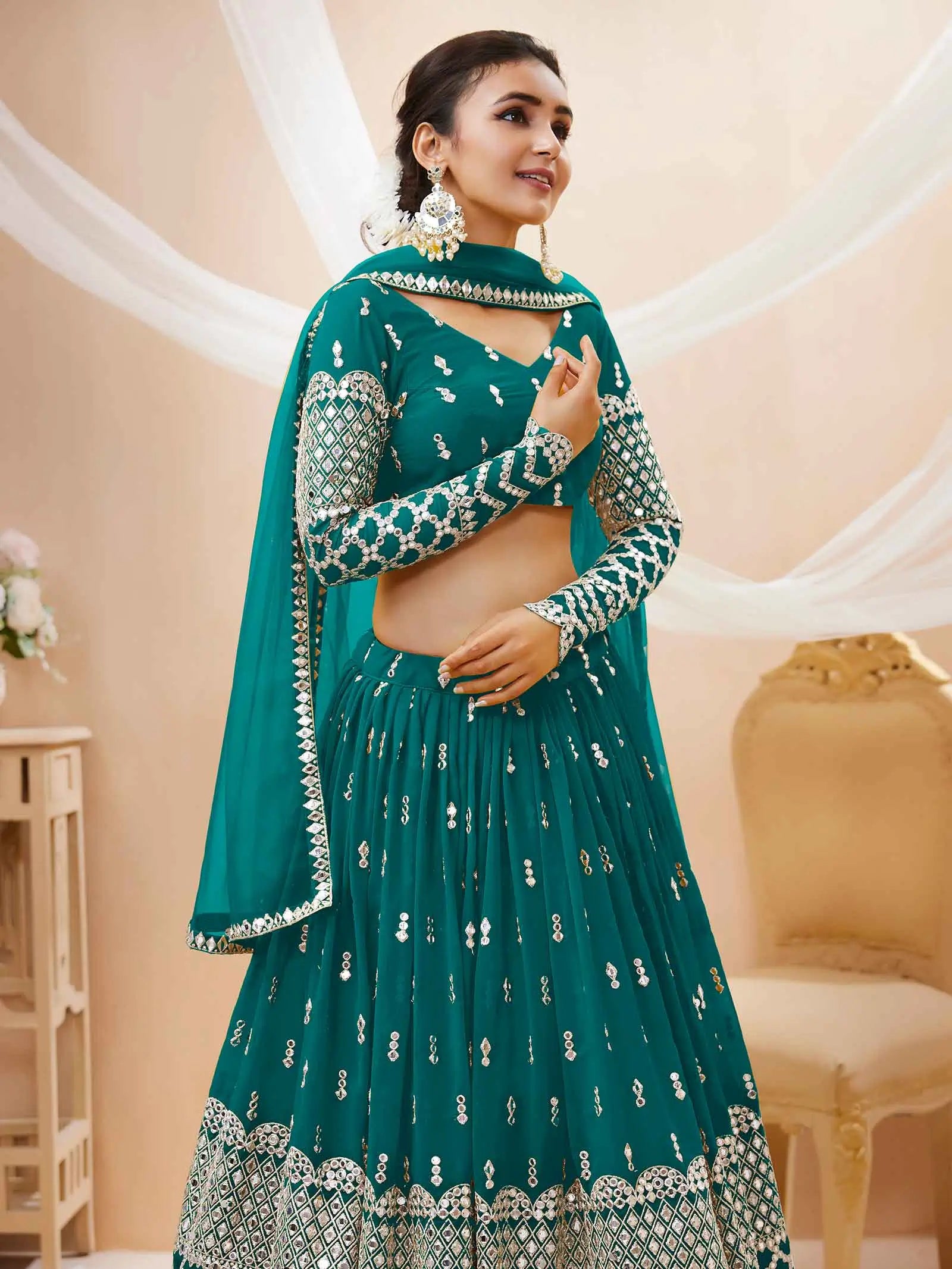 Teal Blue Georgette Lehenga With Sequence And Zari Embroidery Work | Ready To Wear - qivii