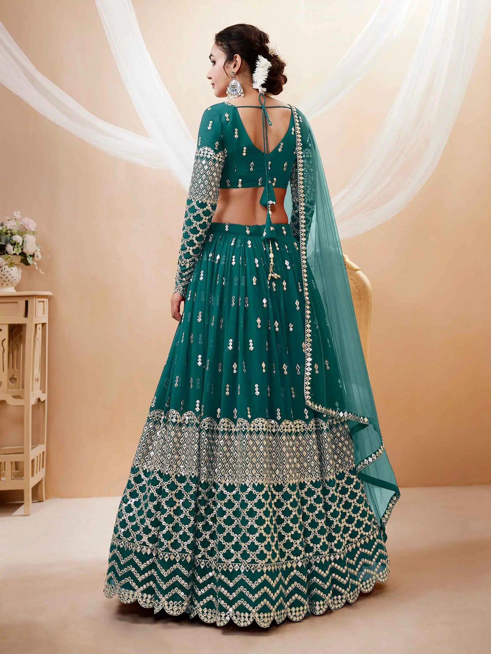 Teal Blue Georgette Lehenga With Sequence And Zari Embroidery Work | Ready To Wear - qivii