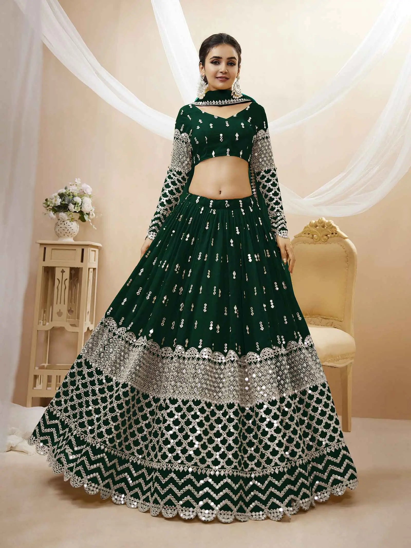 Green Georgette Lehenga With Sequence Embroidery Work with Dupatta | Ready To Wear - qivii