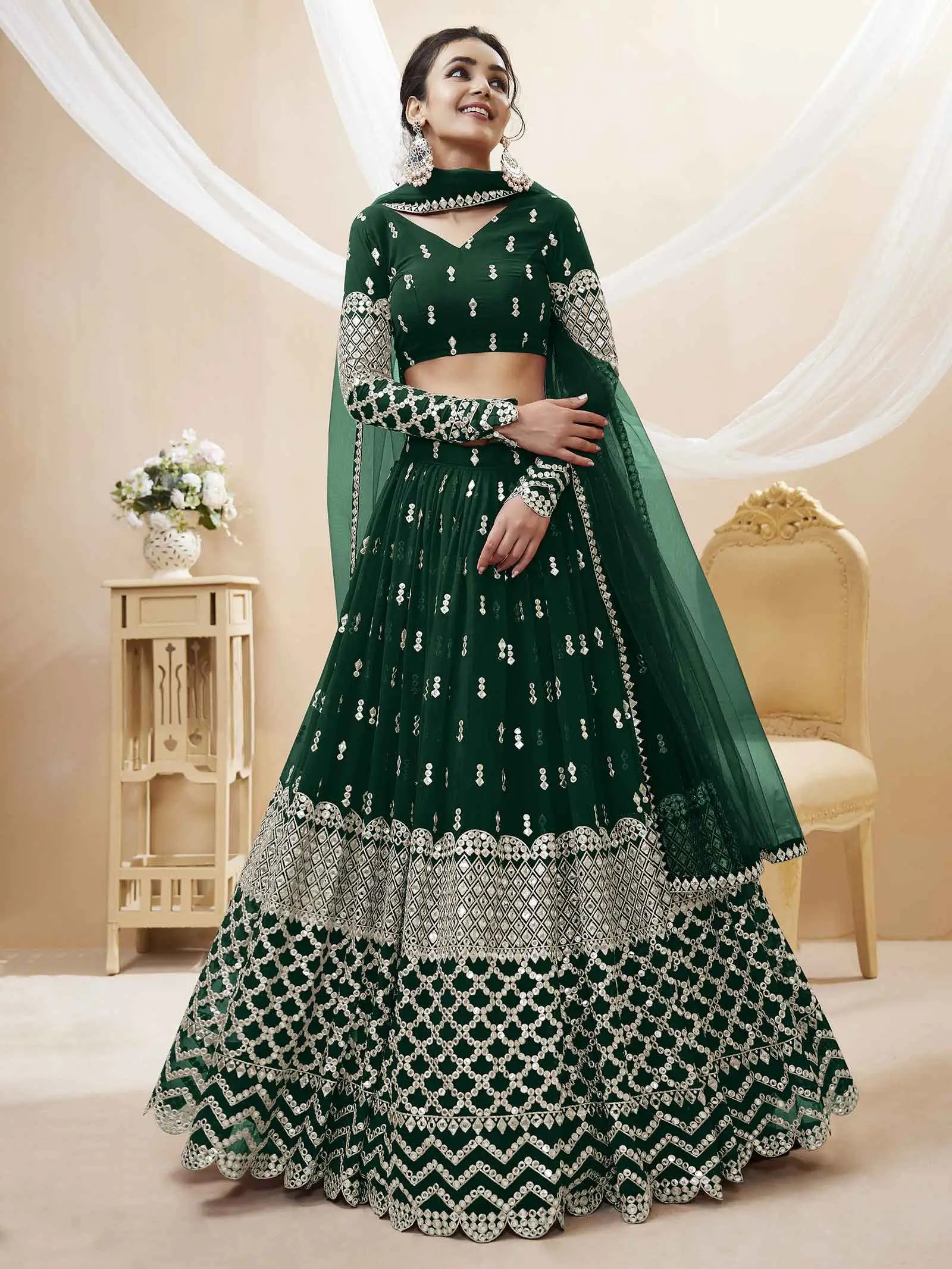 Green Georgette Lehenga With Sequence Embroidery Work with Dupatta | Ready To Wear - qivii