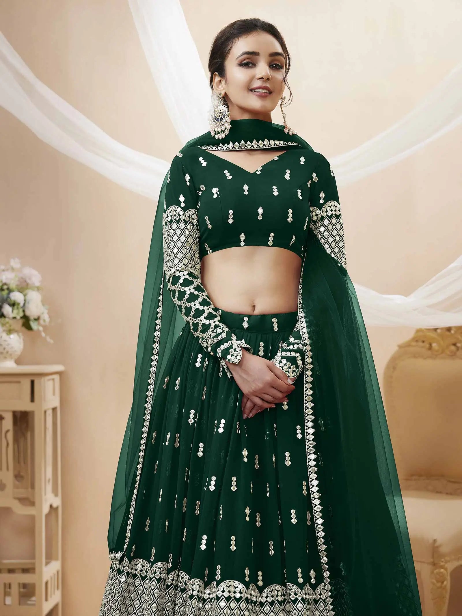 Green Georgette Lehenga With Sequence Embroidery Work with Dupatta | Ready To Wear - qivii