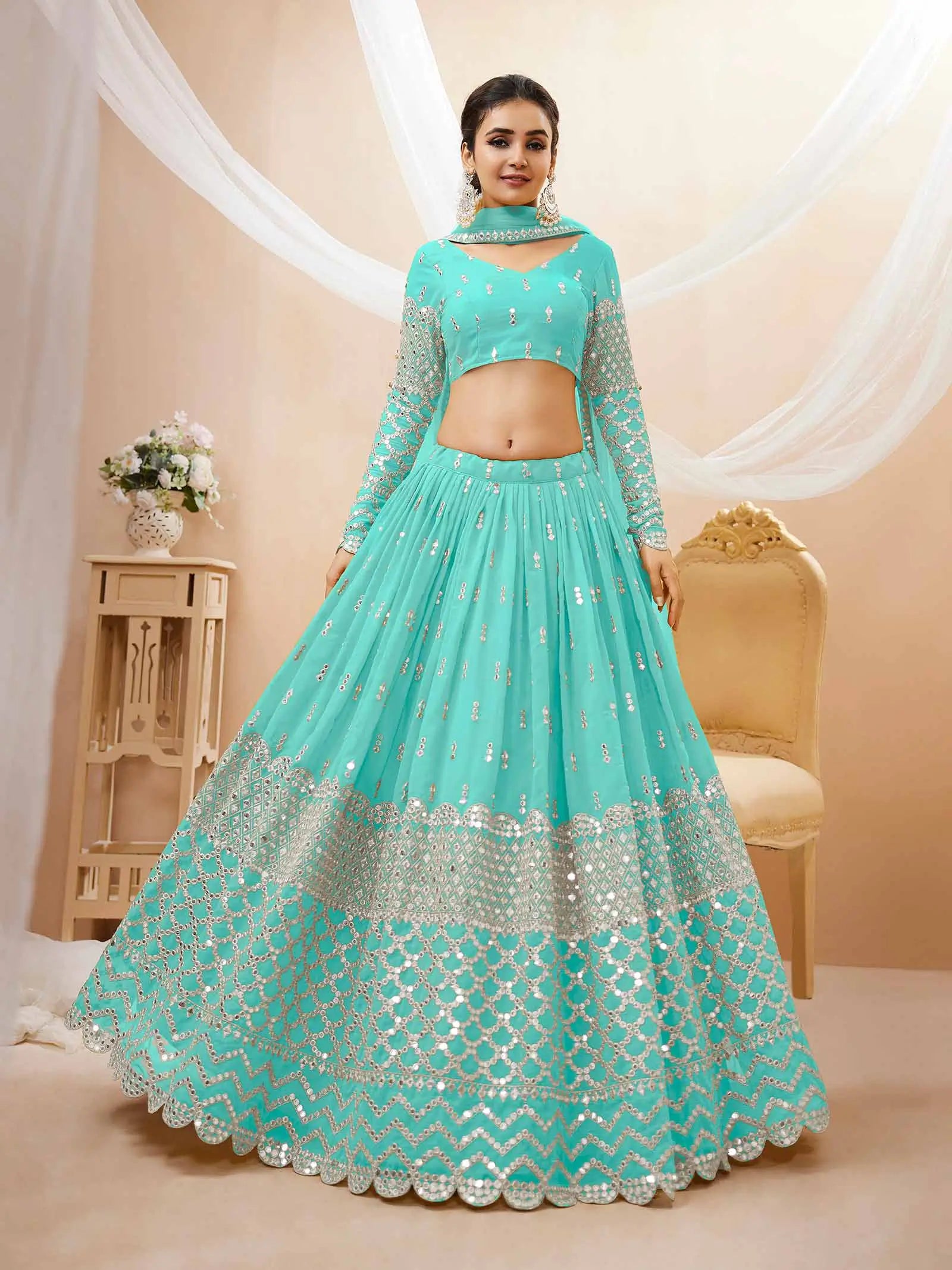 Sky Blue Georgette Lehenga With Sequence And Zari Embroidery Work With Soft Net dupatta | Ready To Wear - qivii