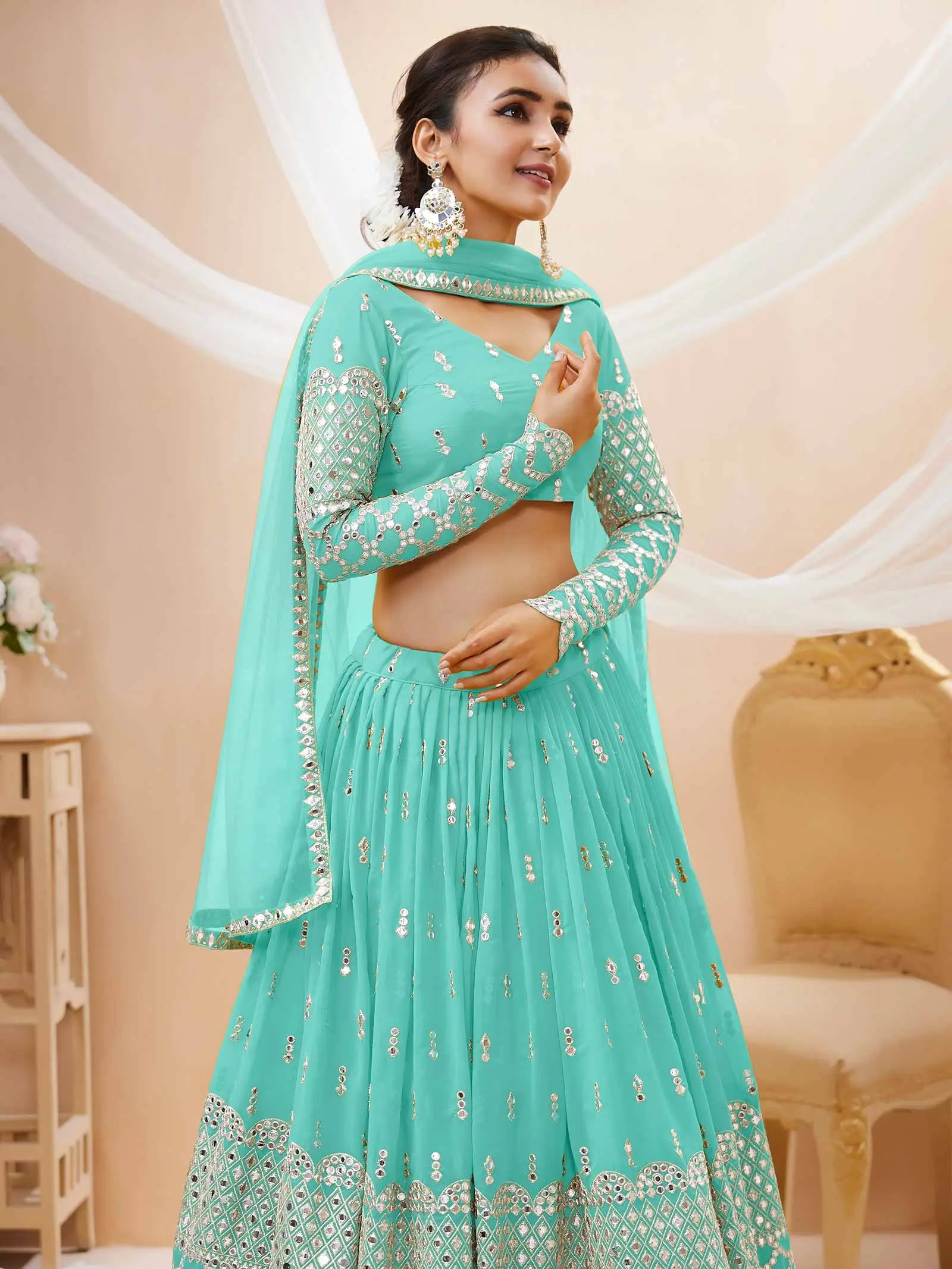 Sky Blue Georgette Lehenga With Sequence And Zari Embroidery Work With Soft Net dupatta | Ready To Wear - qivii